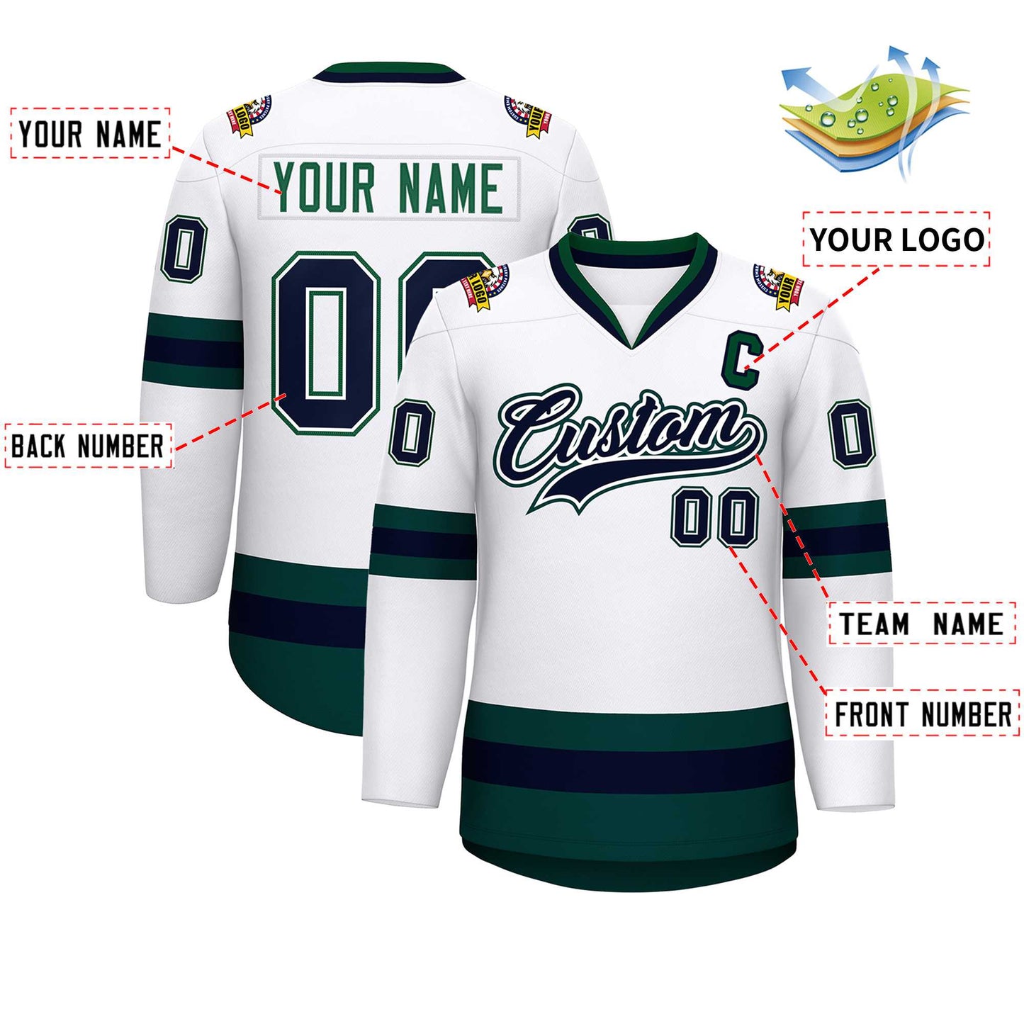 Custom White Navy White-Green Classic Style Hockey Jersey Limited