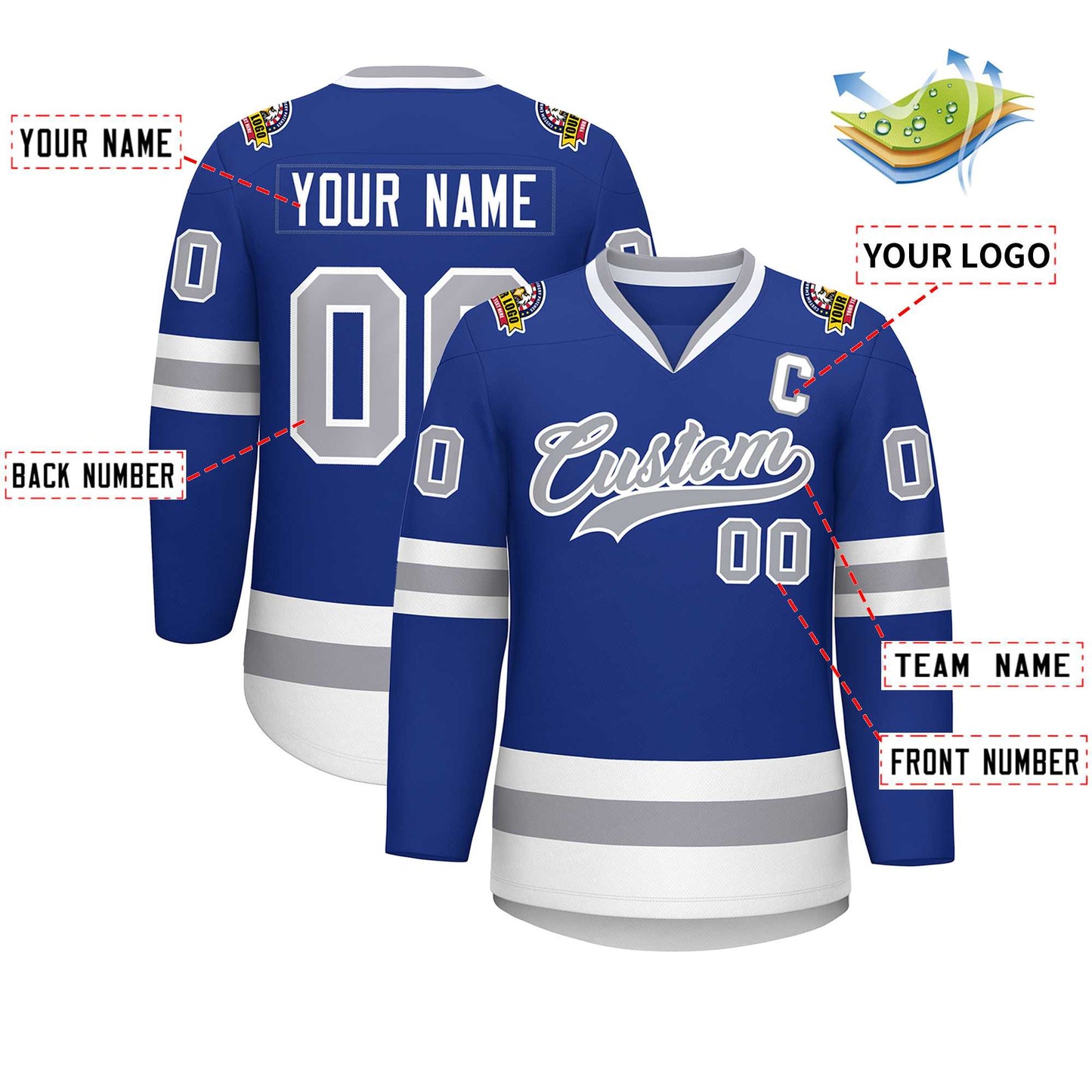 Custom Royal Gray-White Classic Style Hockey Jersey Limited
