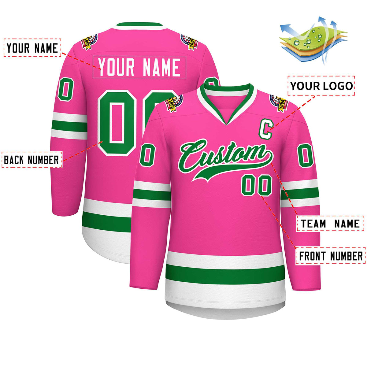 Custom Pink Kelly Green-White Classic Style Hockey Jersey Limited