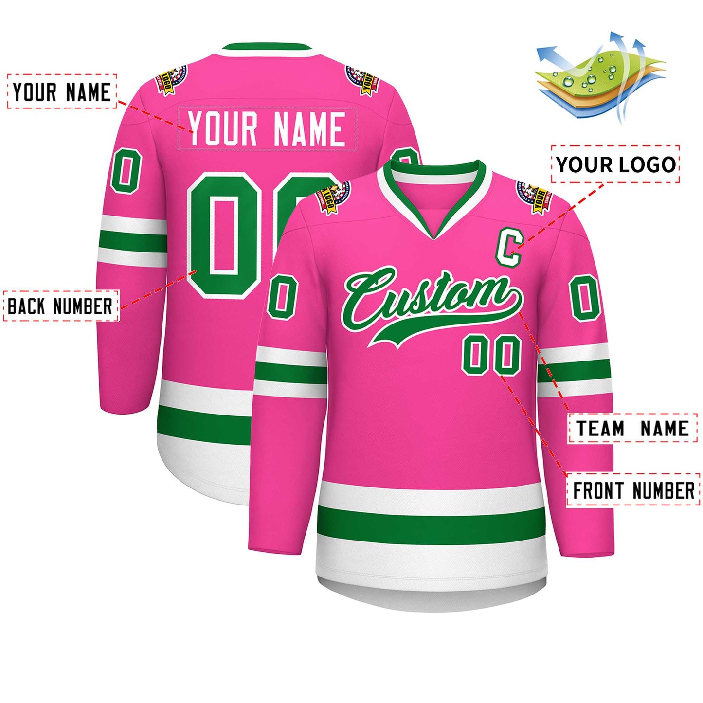 Custom Pink Kelly Green-White Classic Style Hockey Jersey Limited