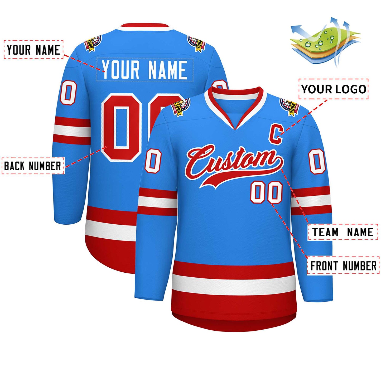 Custom Powder Blue Red-White Classic Style Hockey Jersey Limited
