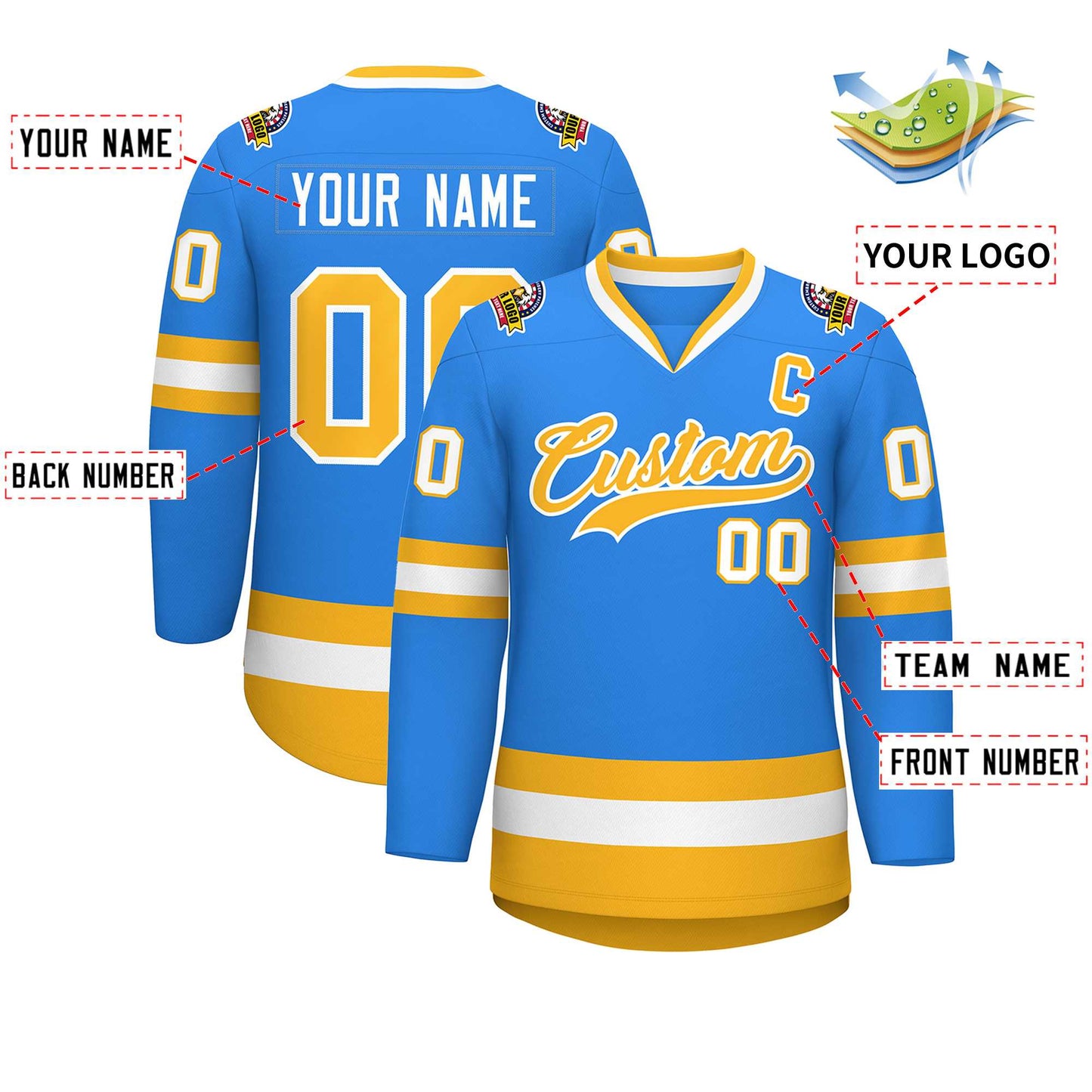 Custom Powder Blue Gold-White Classic Style Hockey Jersey Limited
