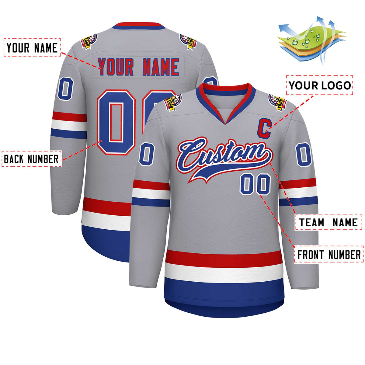 Custom Gray Royal White-Red Classic Style Hockey Jersey Limited