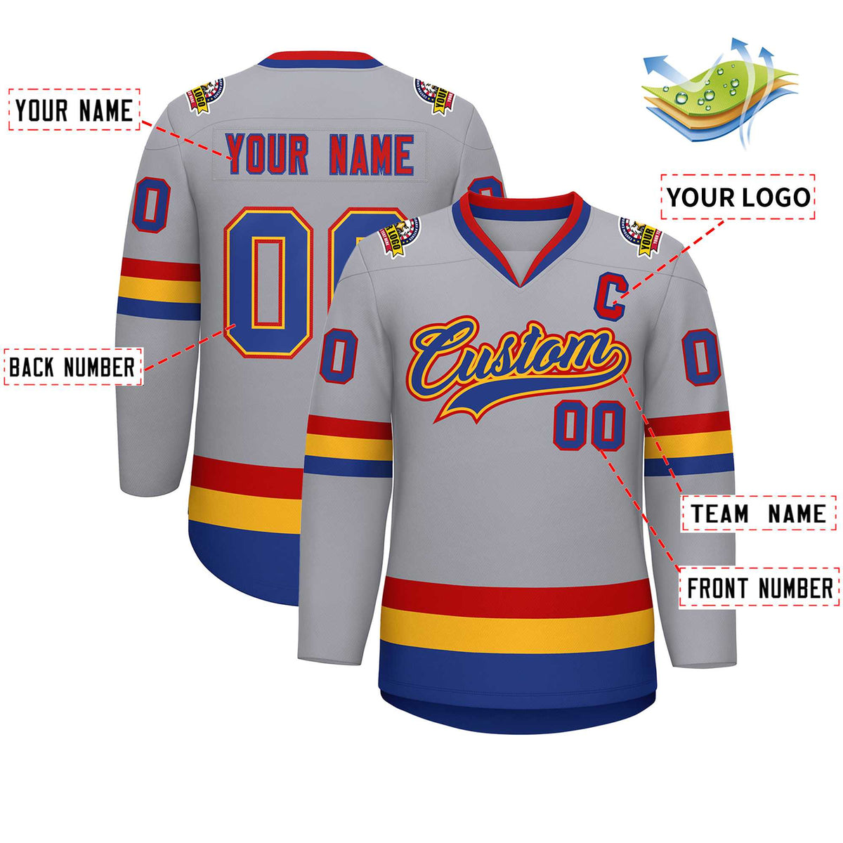 Custom Gray Royal Gold-Red Classic Style Hockey Jersey Limited