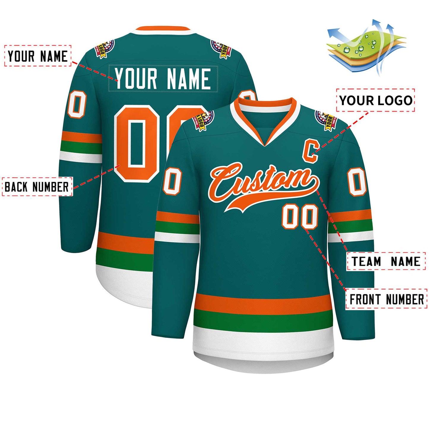 Custom Teal Orange-White Classic Style Hockey Jersey Limited