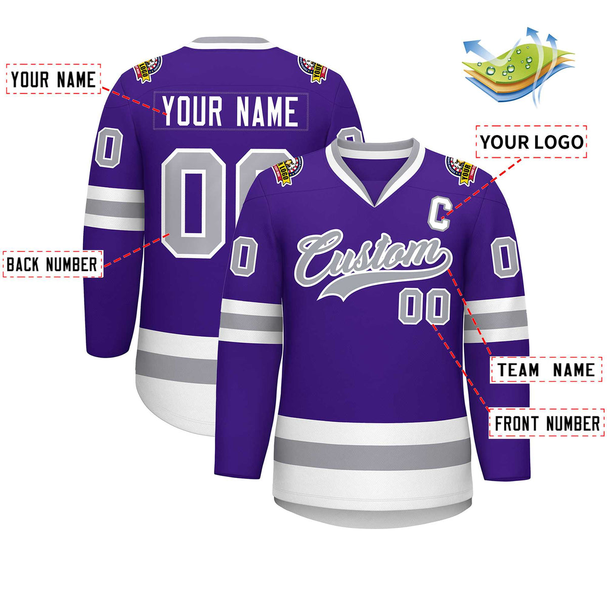 Custom Purple Gray-White Classic Style Hockey Jersey Limited