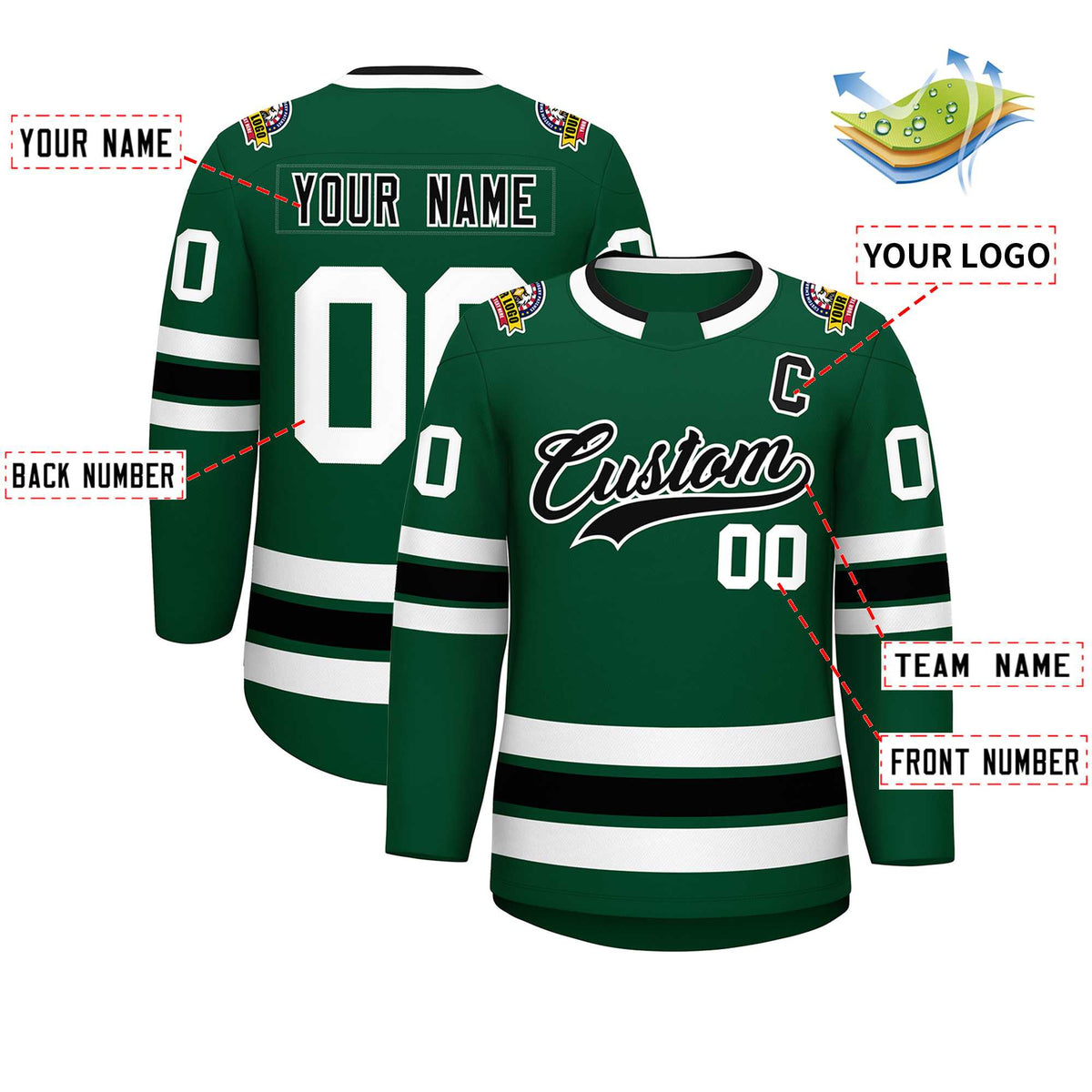 Custom Green Black-White Classic Style Hockey Jersey Limited
