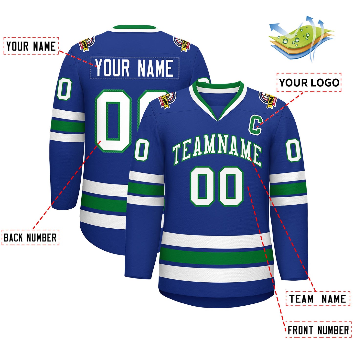 Custom Royal White-Kelly Green Classic Style Hockey Jersey Limited