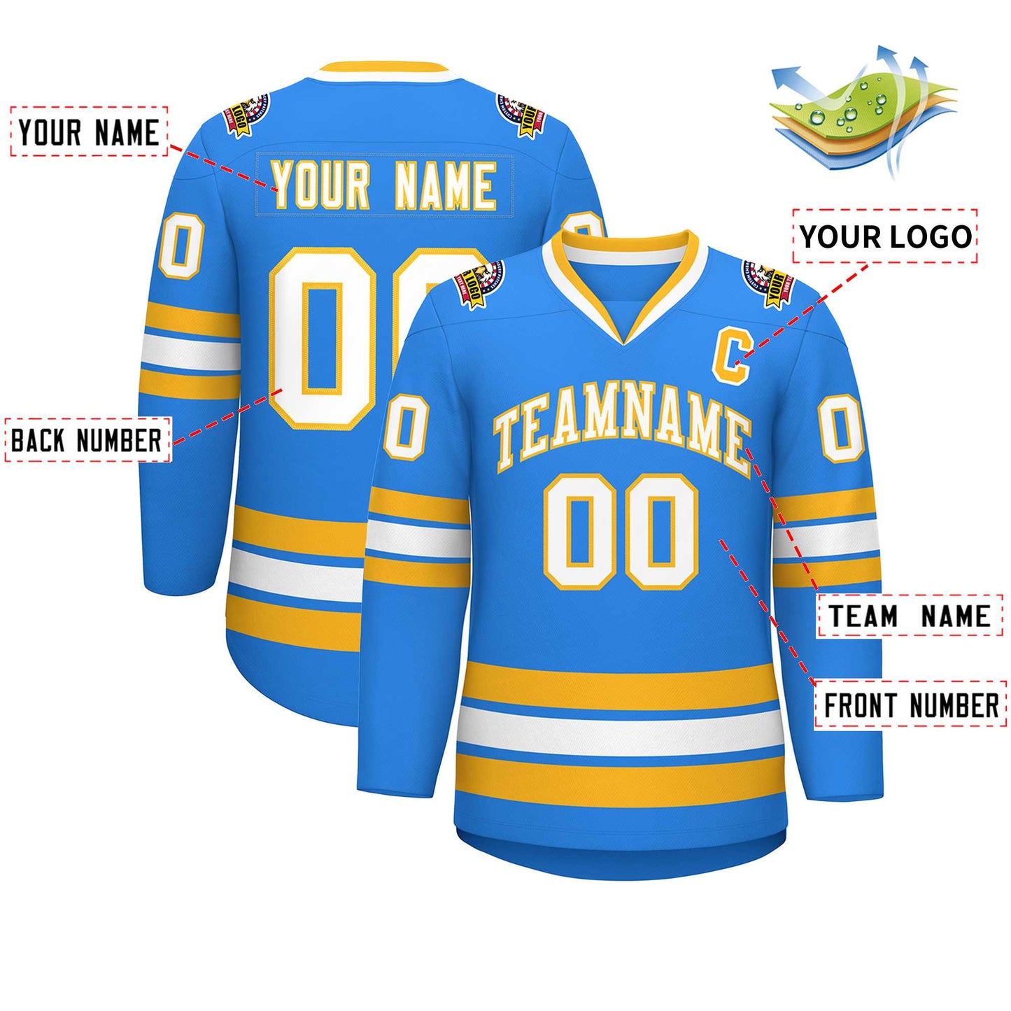 Custom Powder Blue White-Gold Classic Style Hockey Jersey Limited