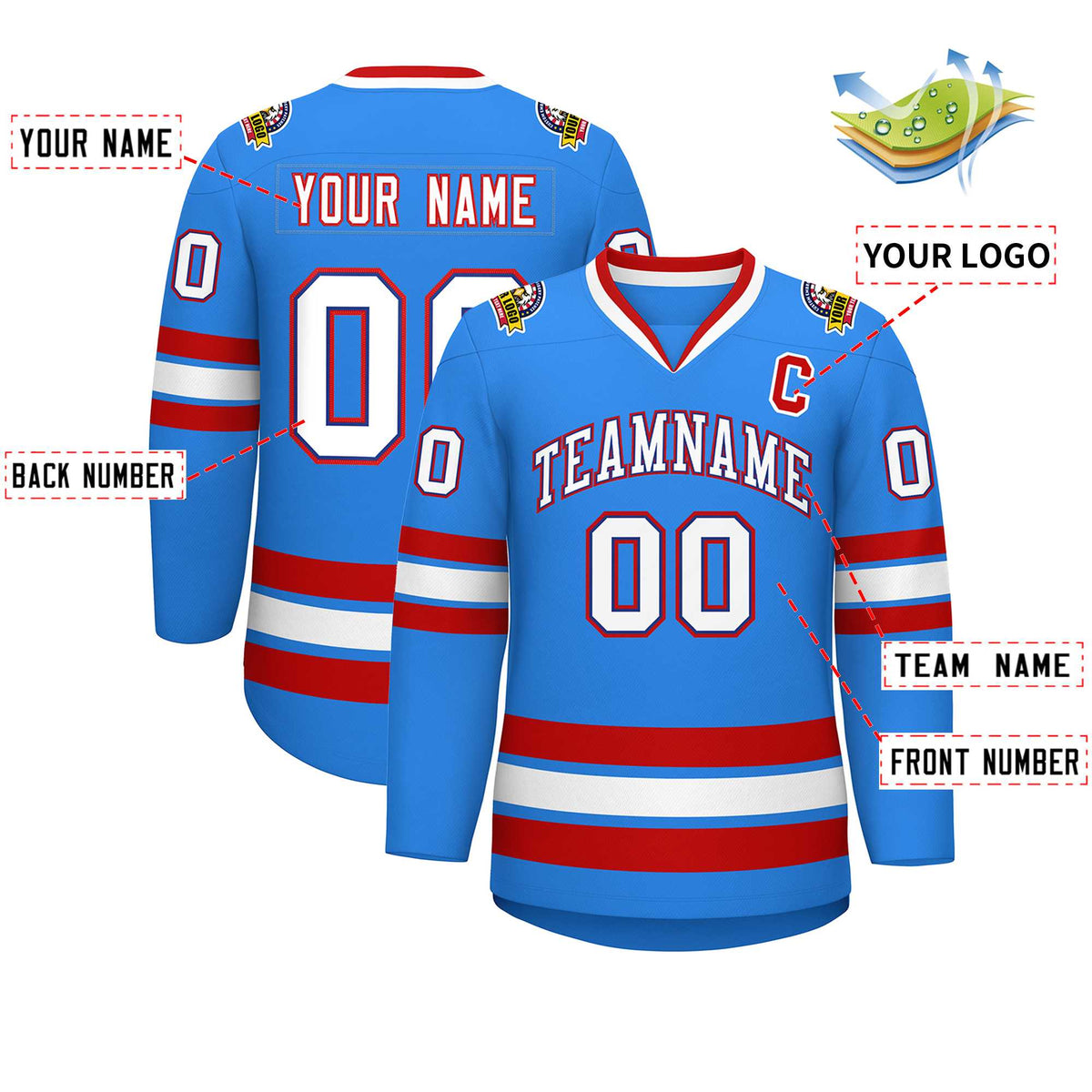 Custom Powder Blue White Royal-Red Classic Style Hockey Jersey Limited