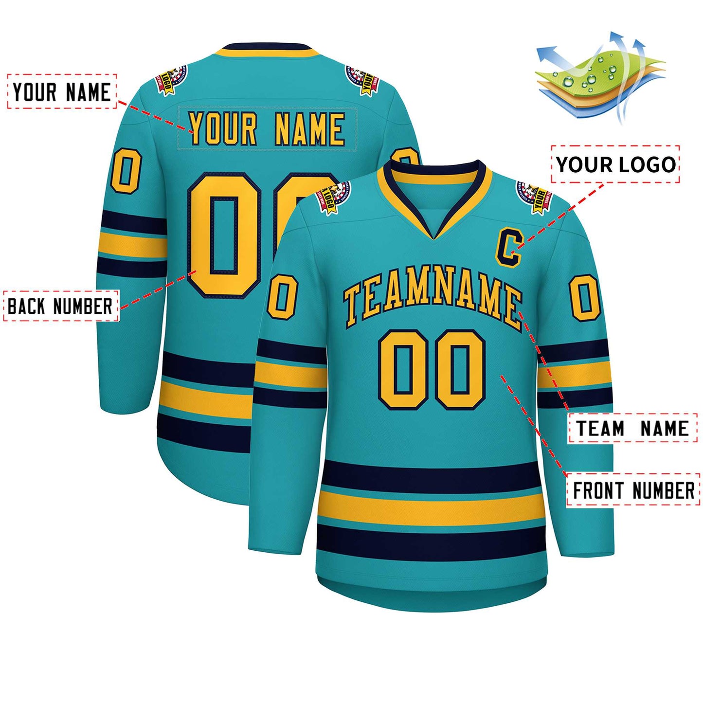 Custom Aqua Gold-Navy Classic Style Hockey Jersey Limited
