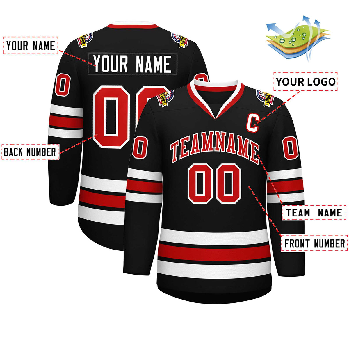 Custom Black Red-White Classic Style Hockey Jersey Limited