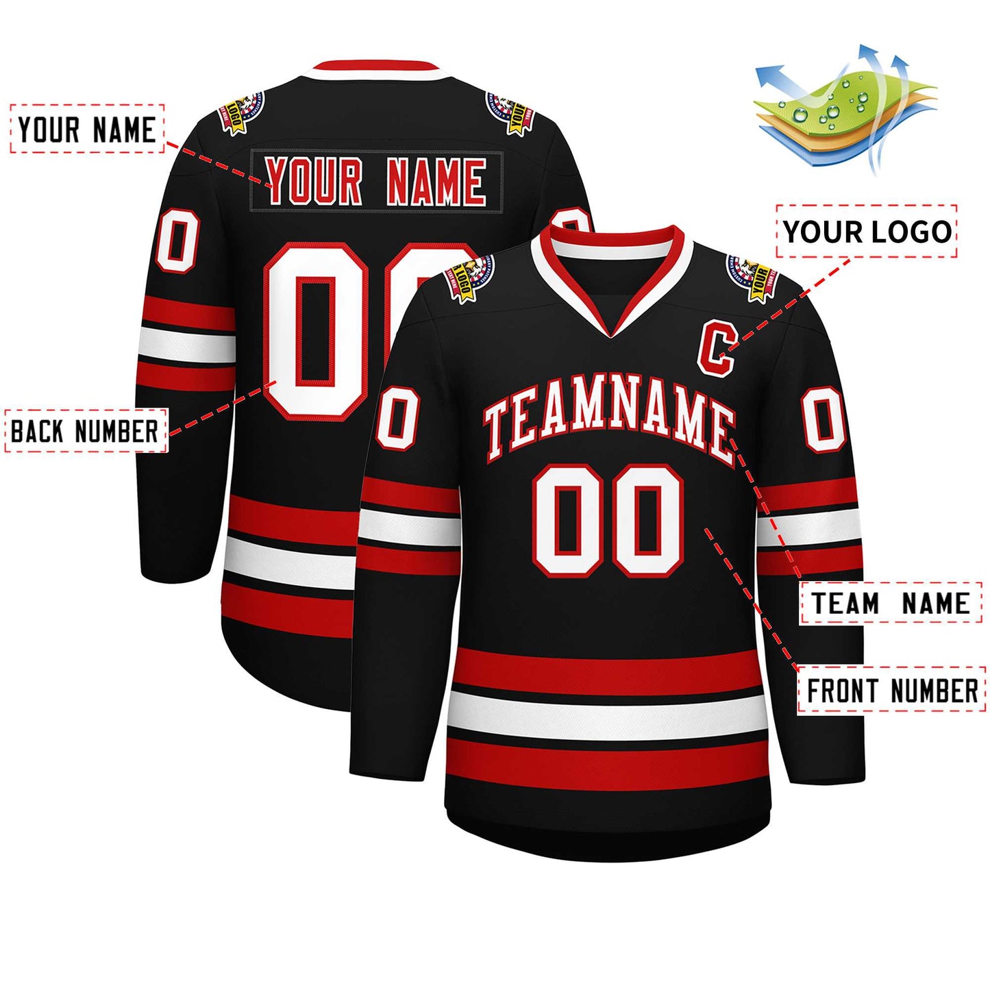 Custom Black White-Red Classic Style Hockey Jersey Limited