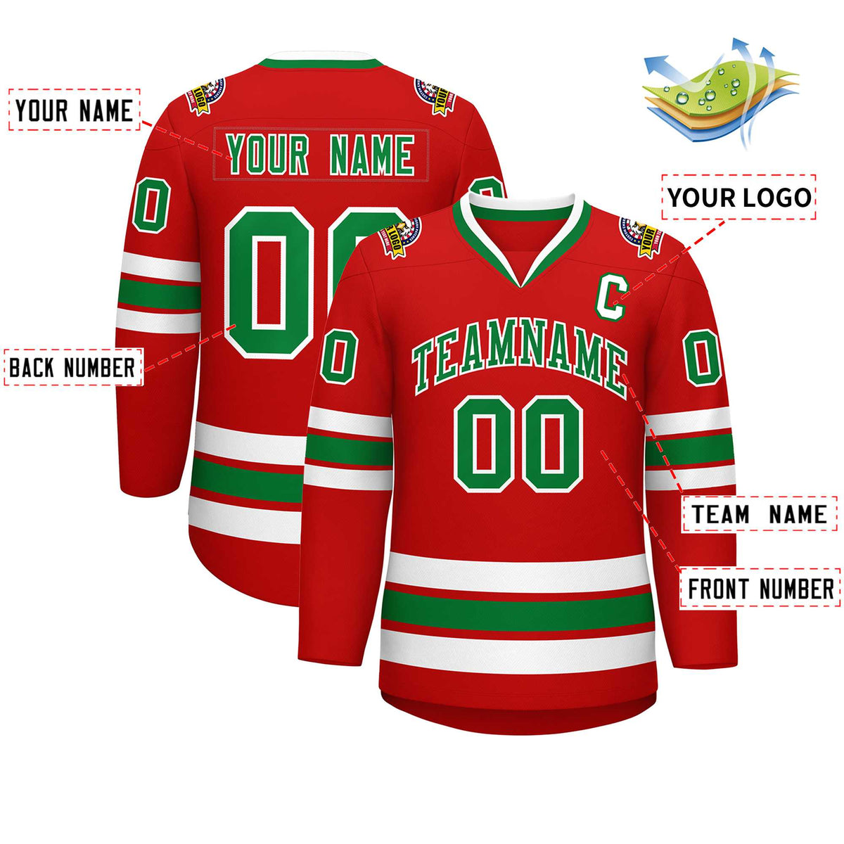 Custom Red Kelly Green-White Classic Style Hockey Jersey Limited