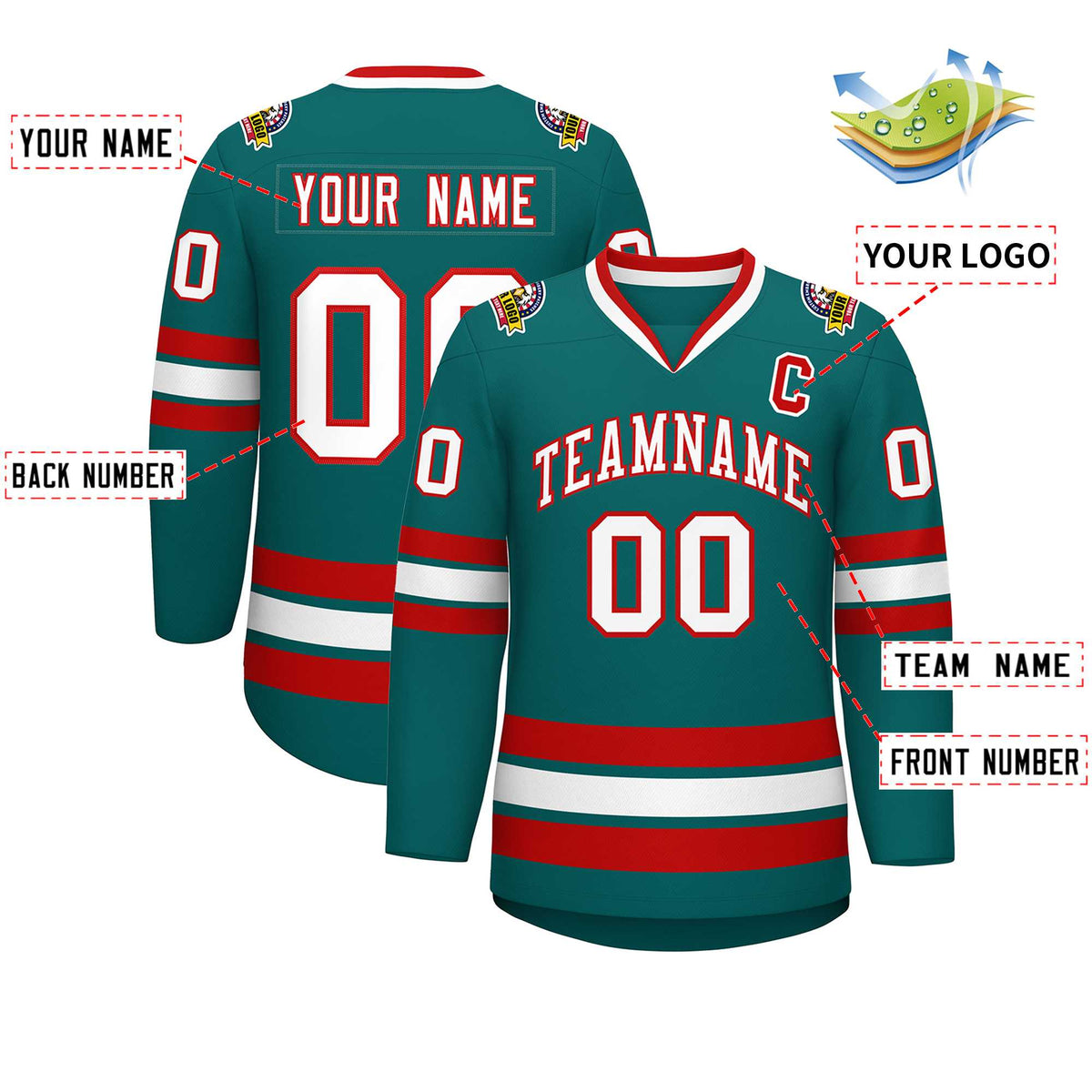 Custom Aqua White-Red Classic Style Hockey Jersey Limited
