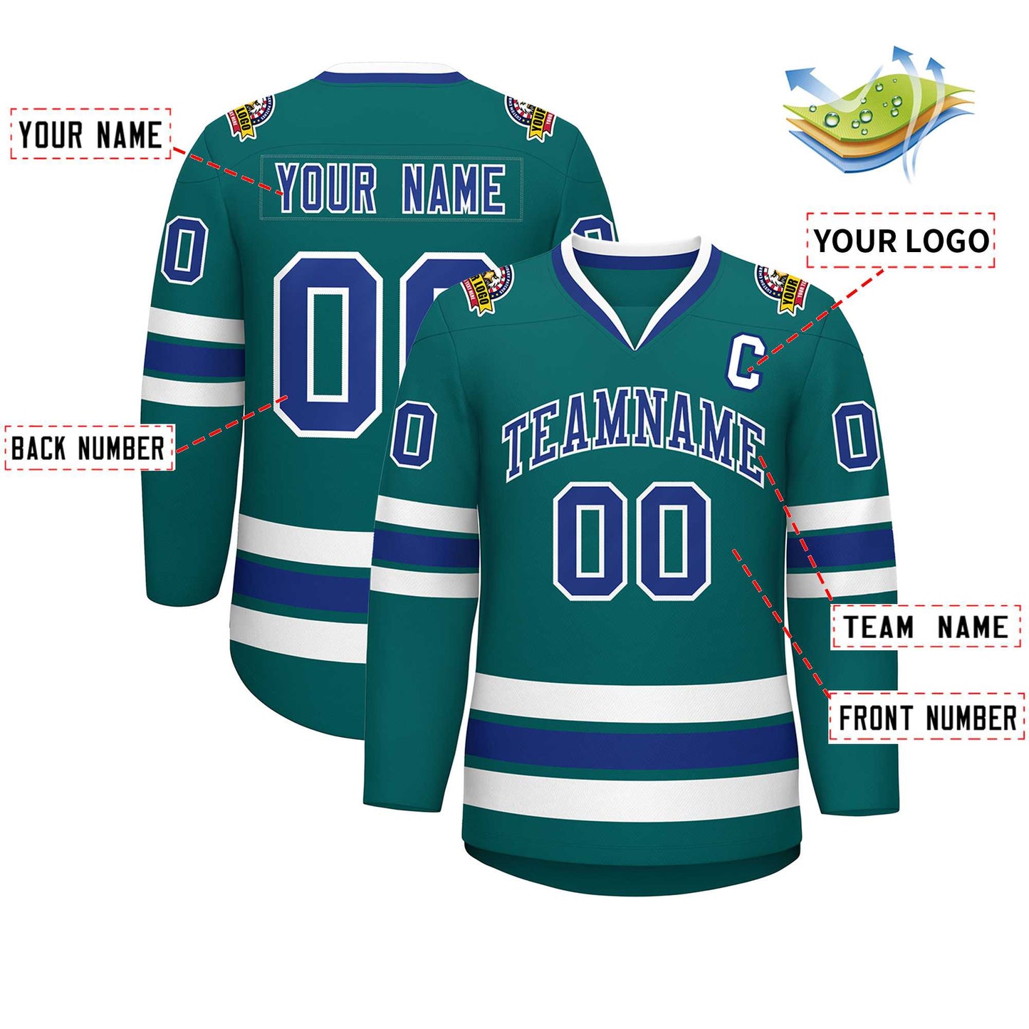Custom Aqua Royal-White Classic Style Hockey Jersey Limited