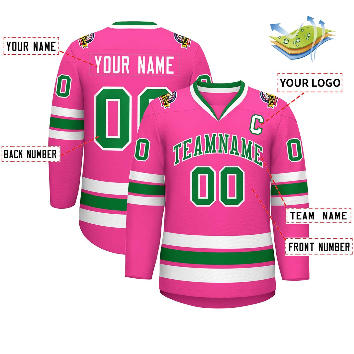 Custom Pink Kelly Green-White Classic Style Hockey Jersey Limited