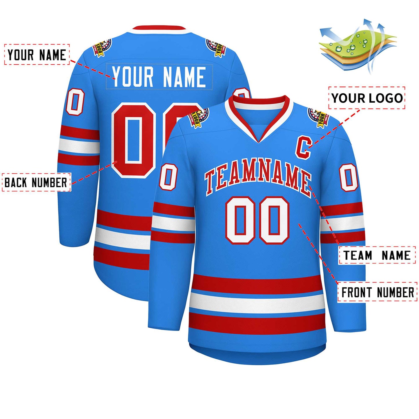 Custom Powder Blue Red-White Classic Style Hockey Jersey Limited