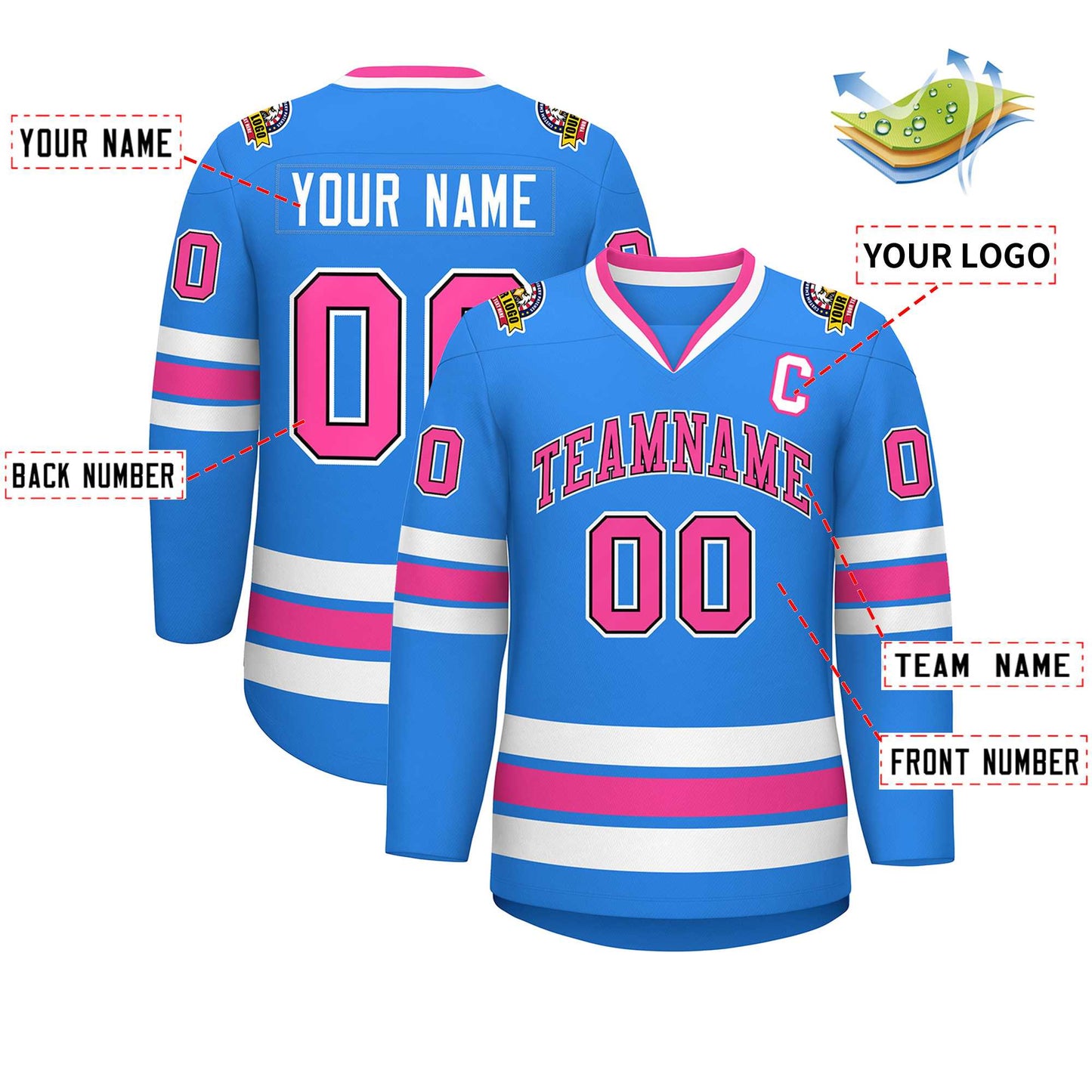Custom Powder Blue Pink Black-White Classic Style Hockey Jersey Limited