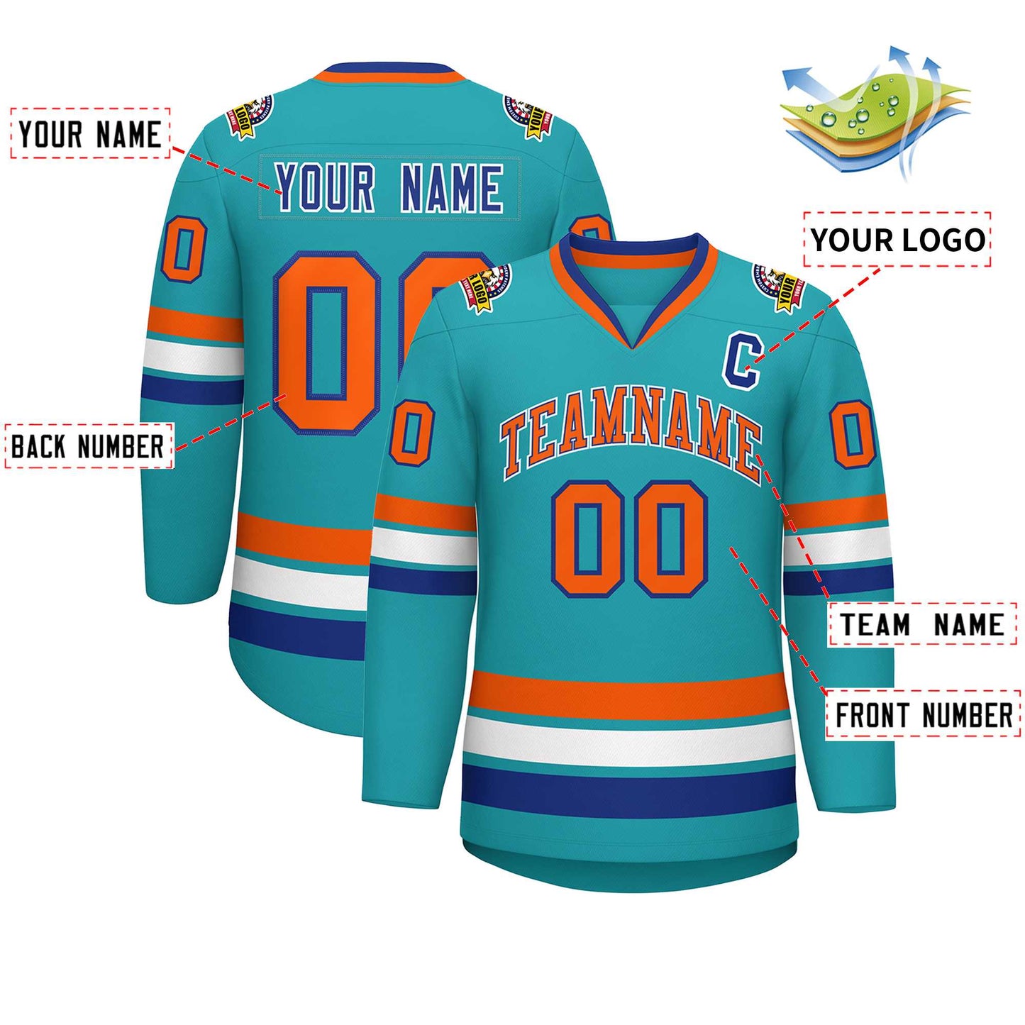 Custom Aqua Orange Royal-White Classic Style Hockey Jersey Limited