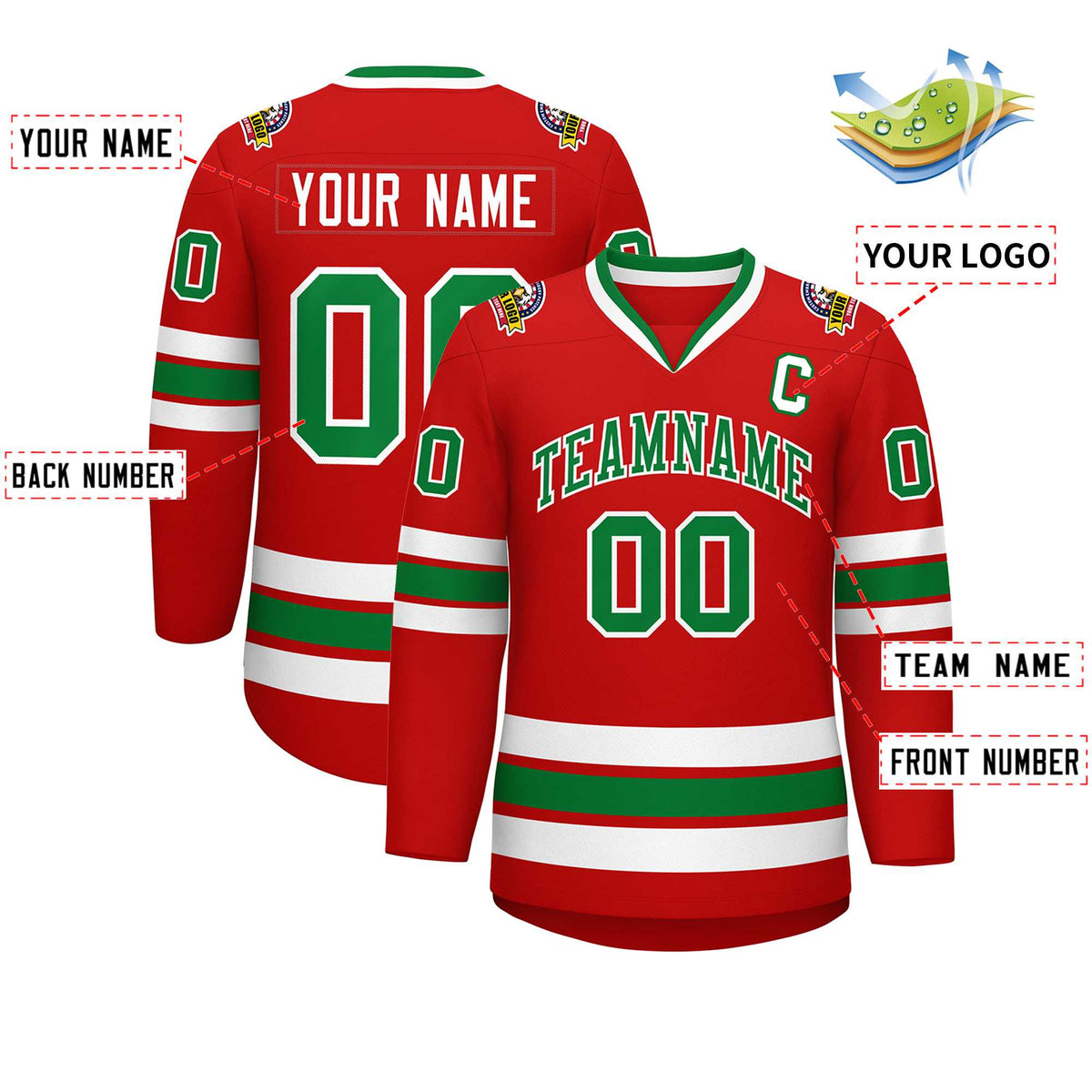 Custom Red Kelly Green-White Classic Style Hockey Jersey Limited