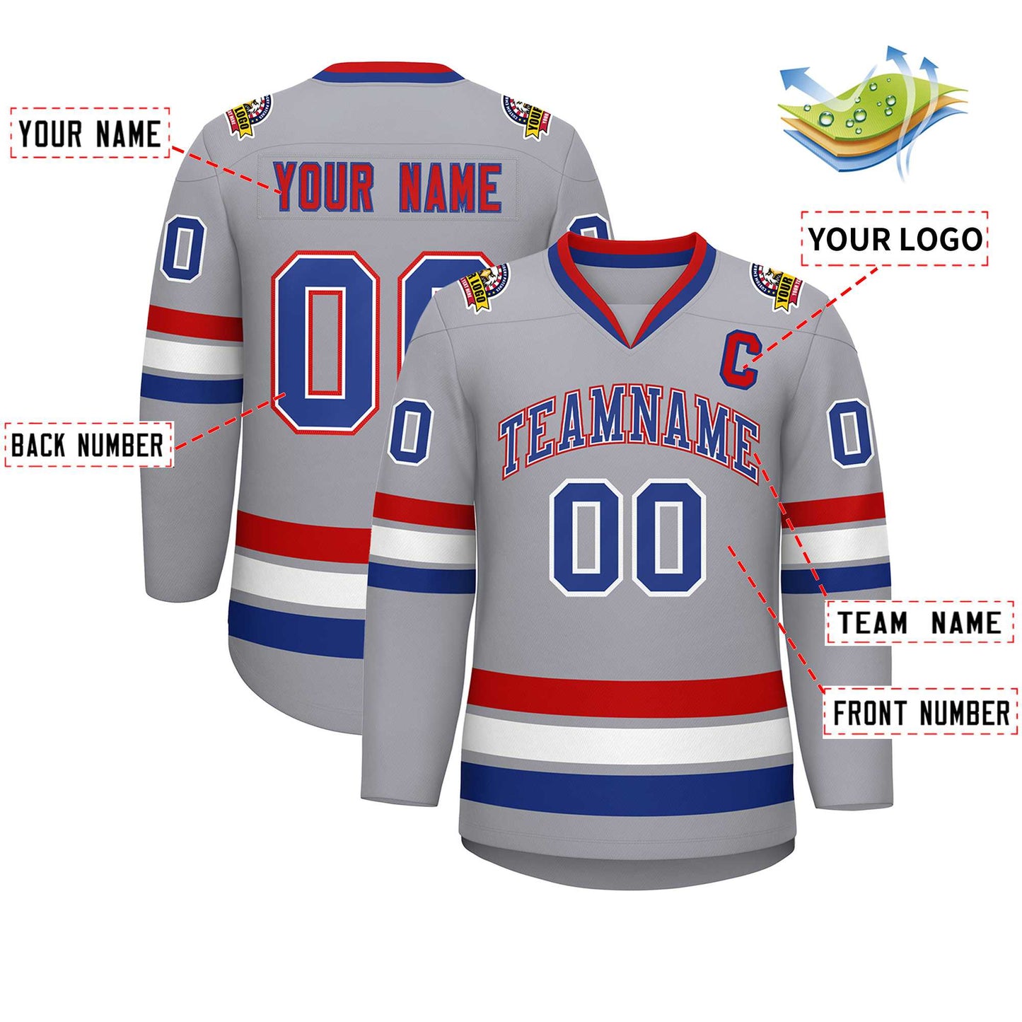Custom Gray Royal White-Red Classic Style Hockey Jersey Limited