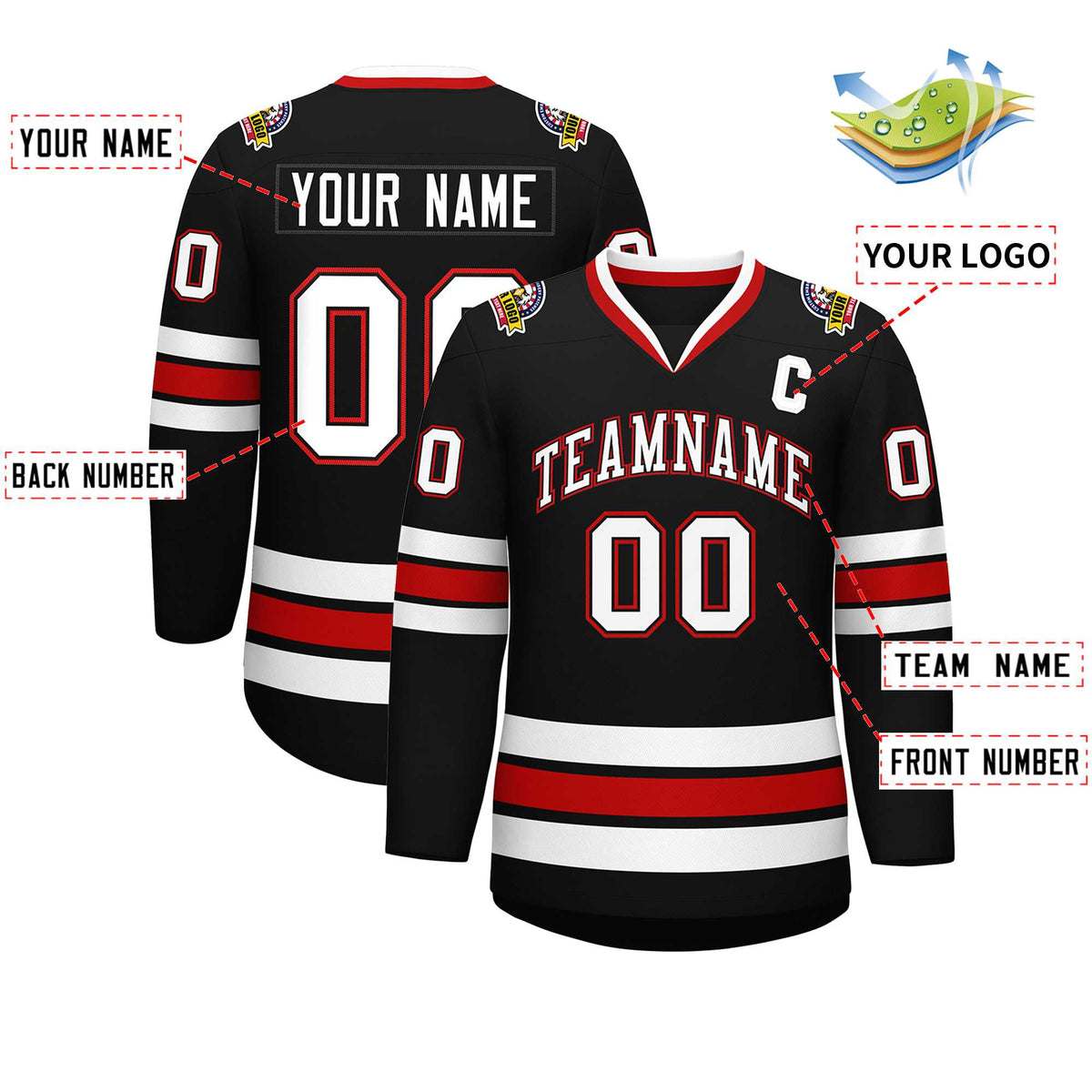 Custom Black White Black-Red Classic Style Hockey Jersey Limited