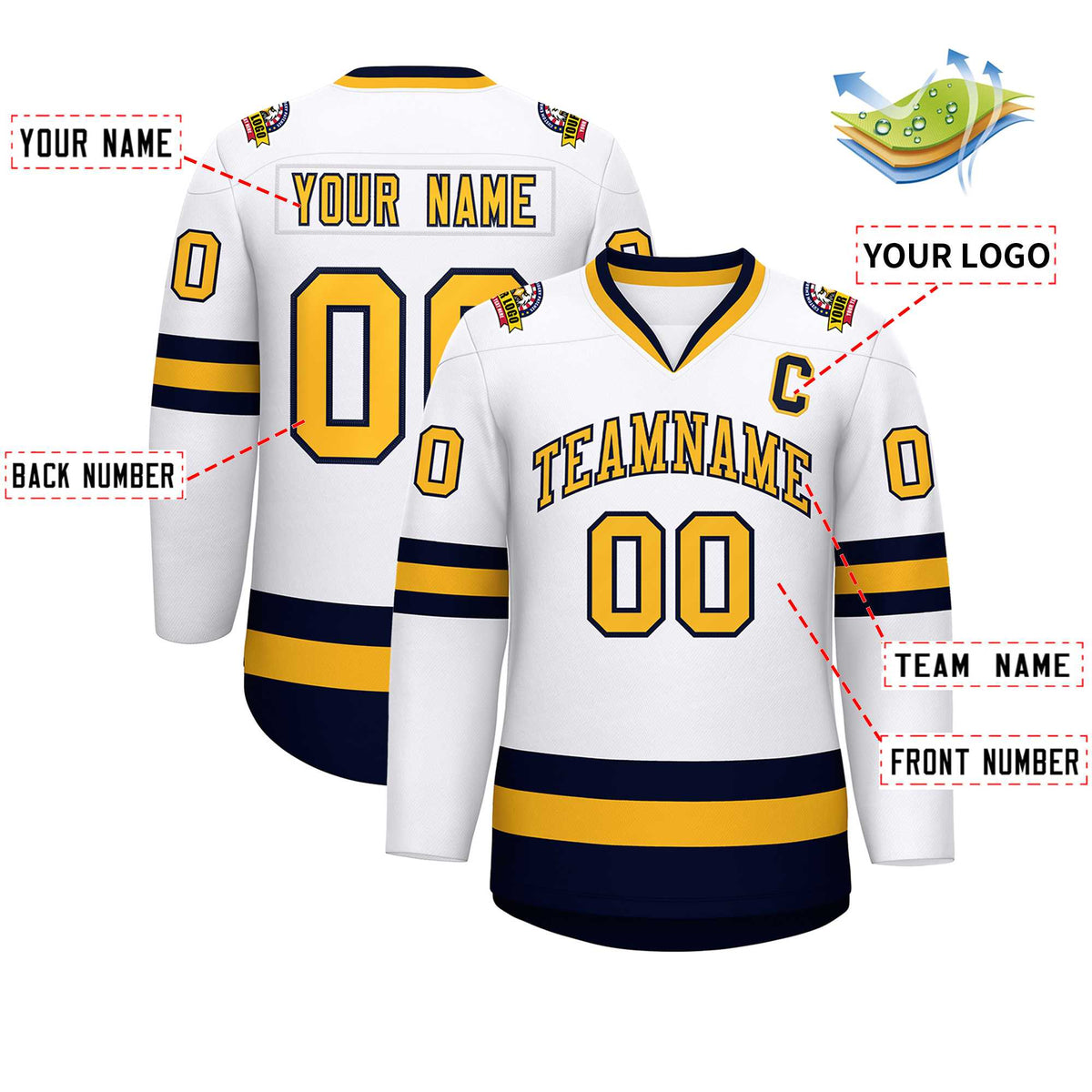 Custom White Gold-Navy Classic Style Hockey Jersey Limited