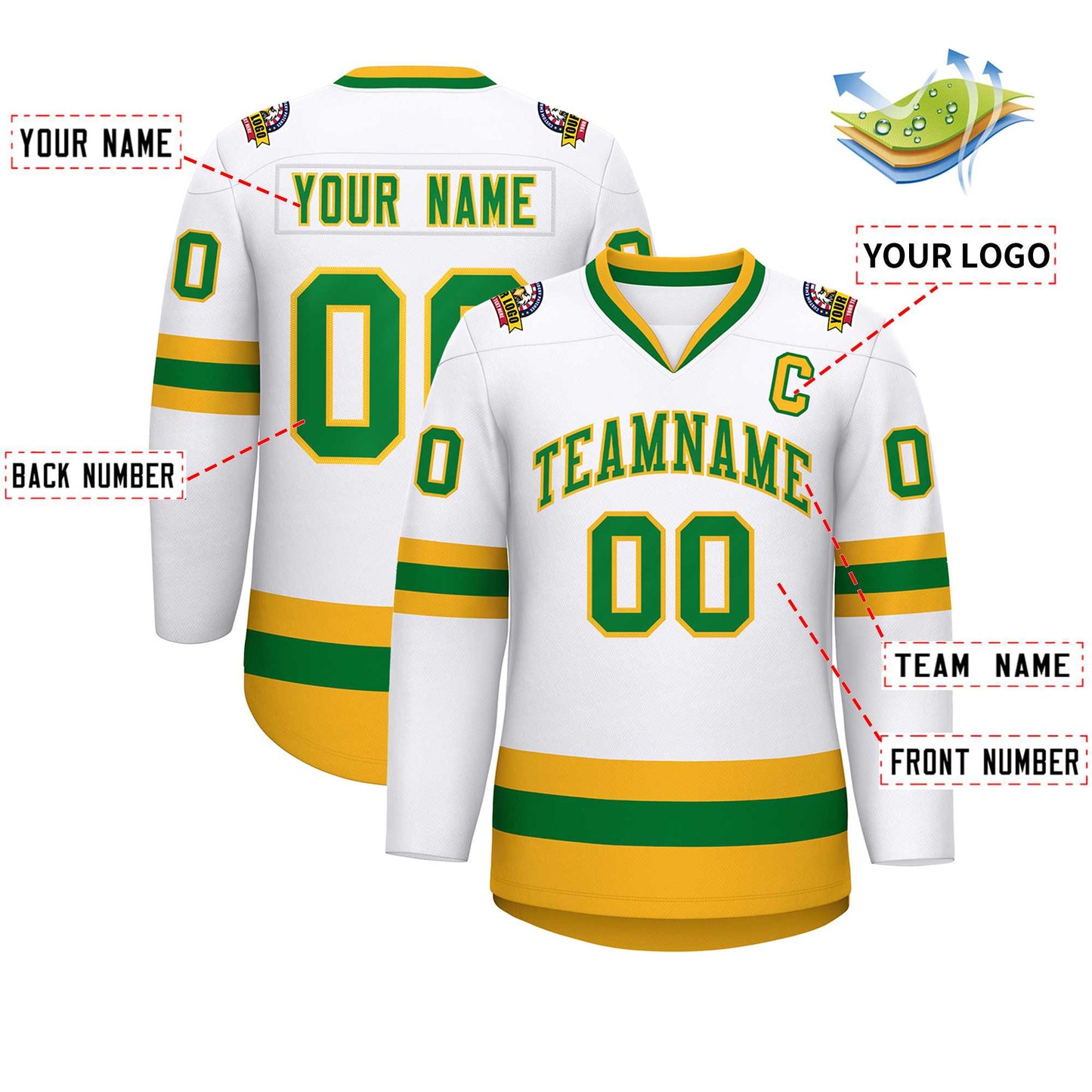 Custom White Kelly Green-Gold Classic Style Hockey Jersey Limited