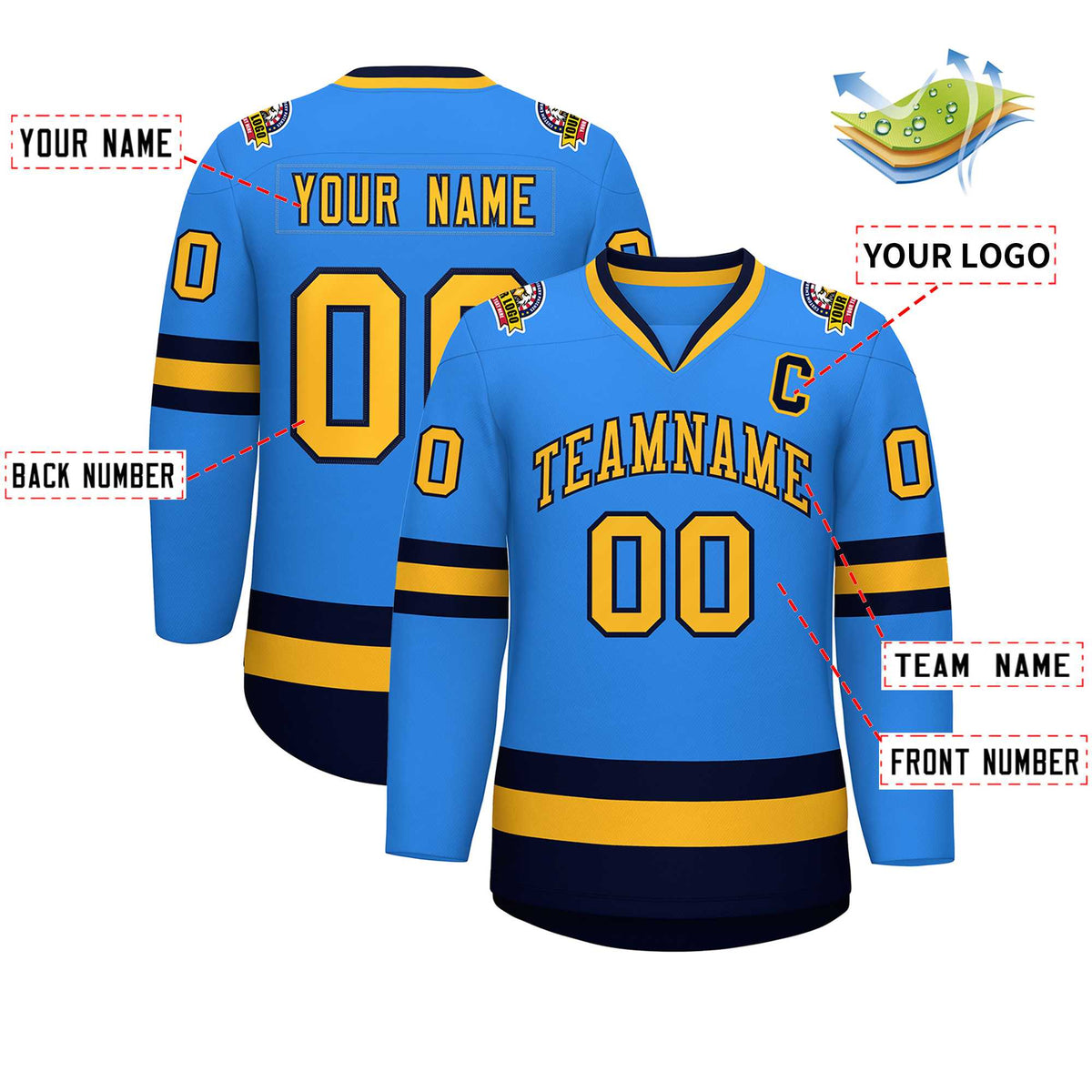 Custom Powder Blue Gold-Navy Classic Style Hockey Jersey Limited