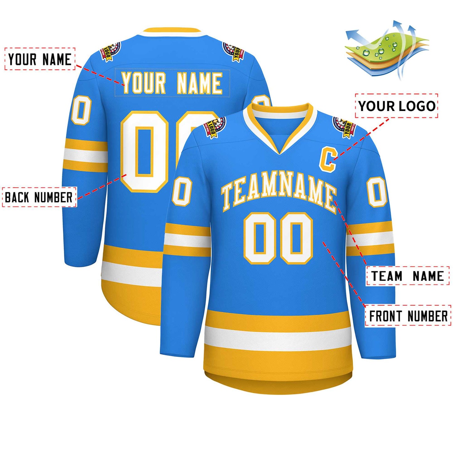 Custom Powder Blue White-Gold Classic Style Hockey Jersey Limited