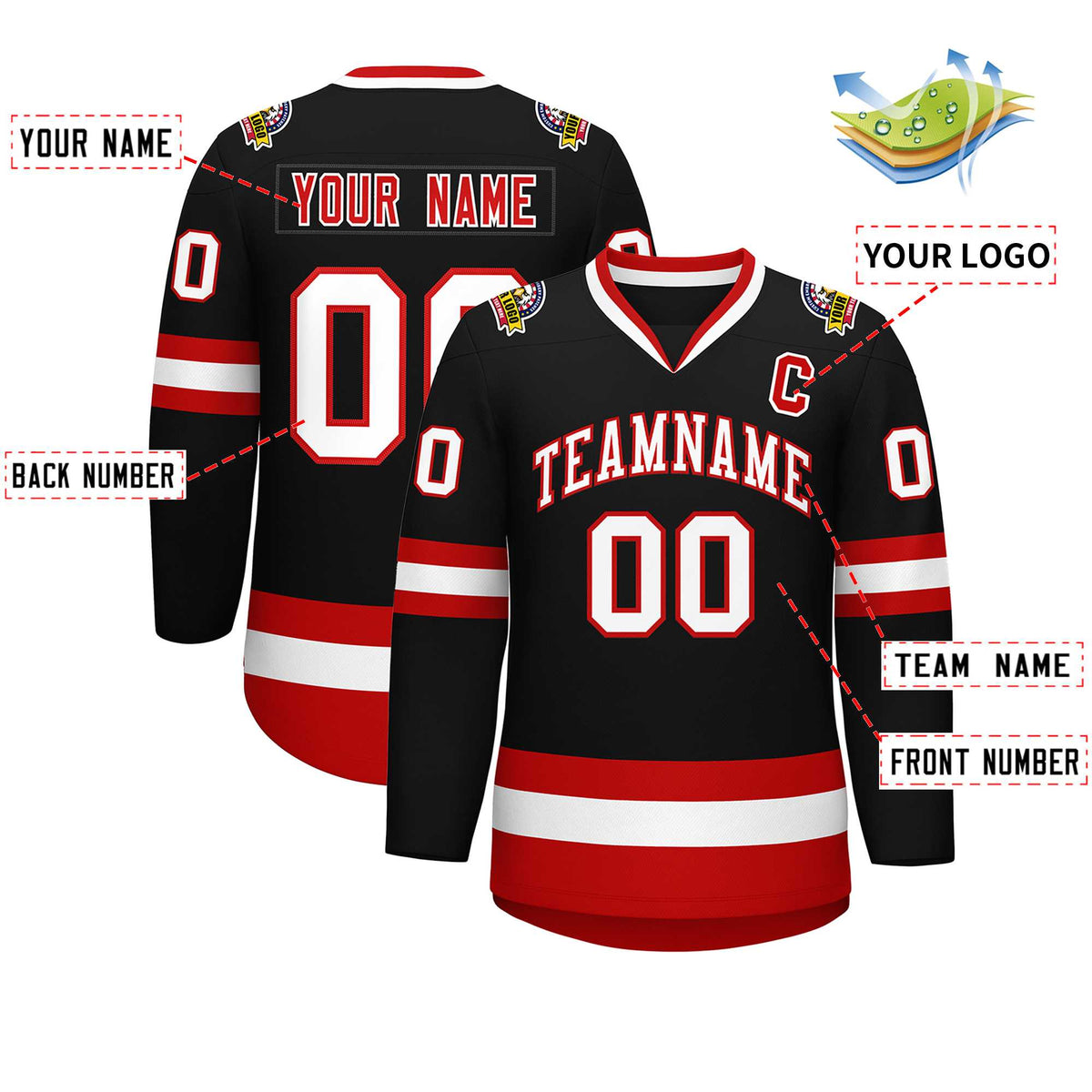 Custom Black White-Red Classic Style Hockey Jersey Limited