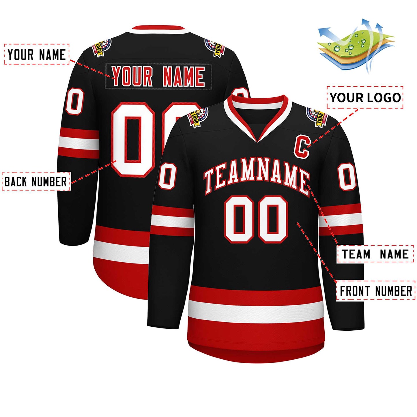 Custom Black White-Red Classic Style Hockey Jersey Limited