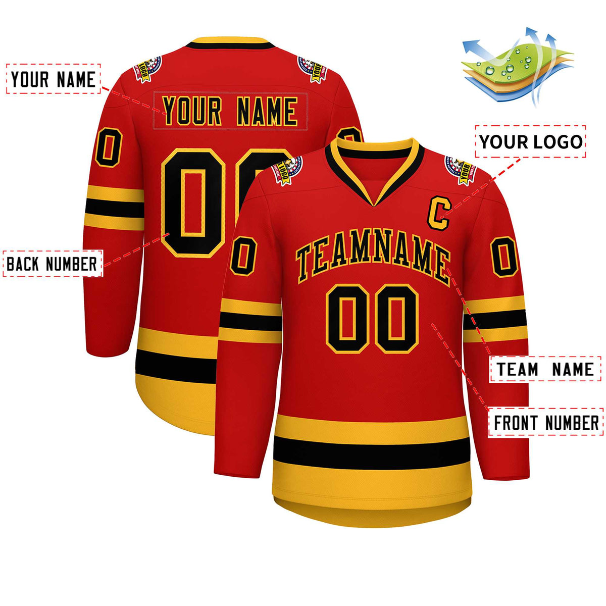Custom Red Black-Gold Classic Style Hockey Jersey Limited