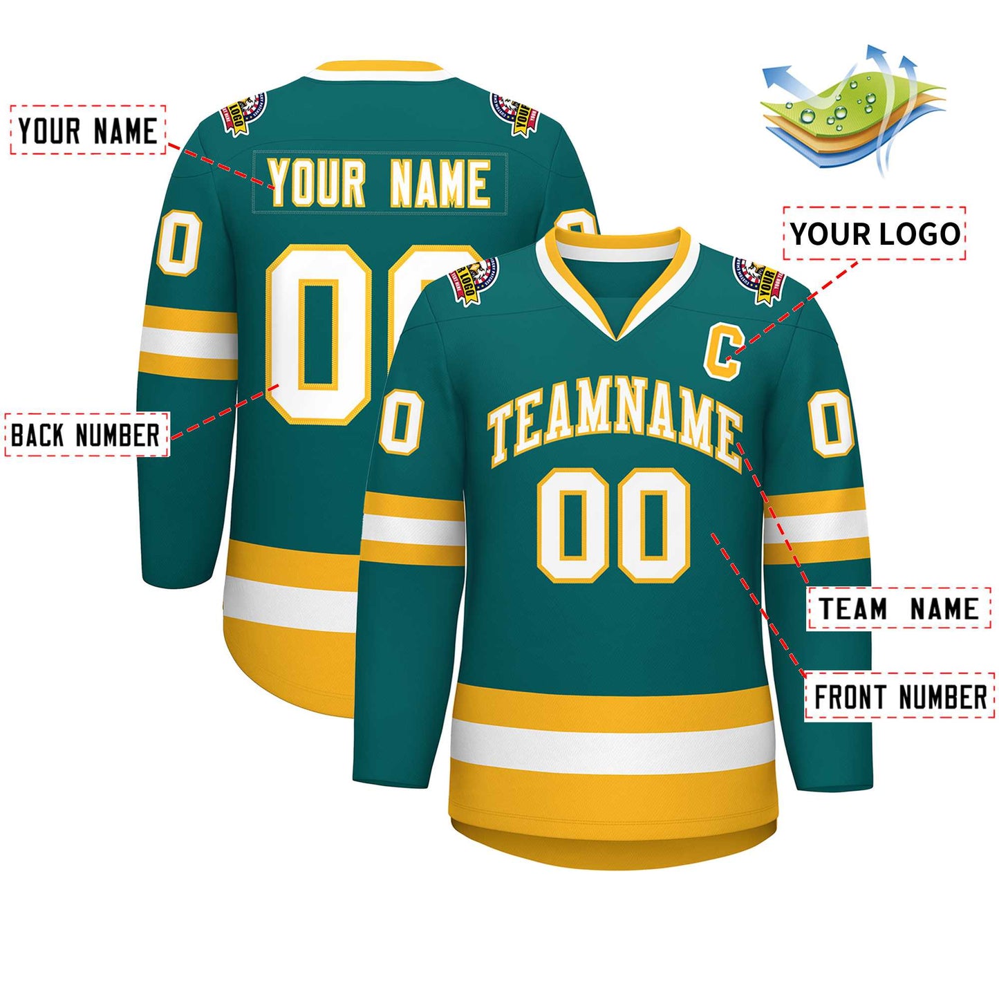 Custom Teal White-Gold Classic Style Hockey Jersey Limited