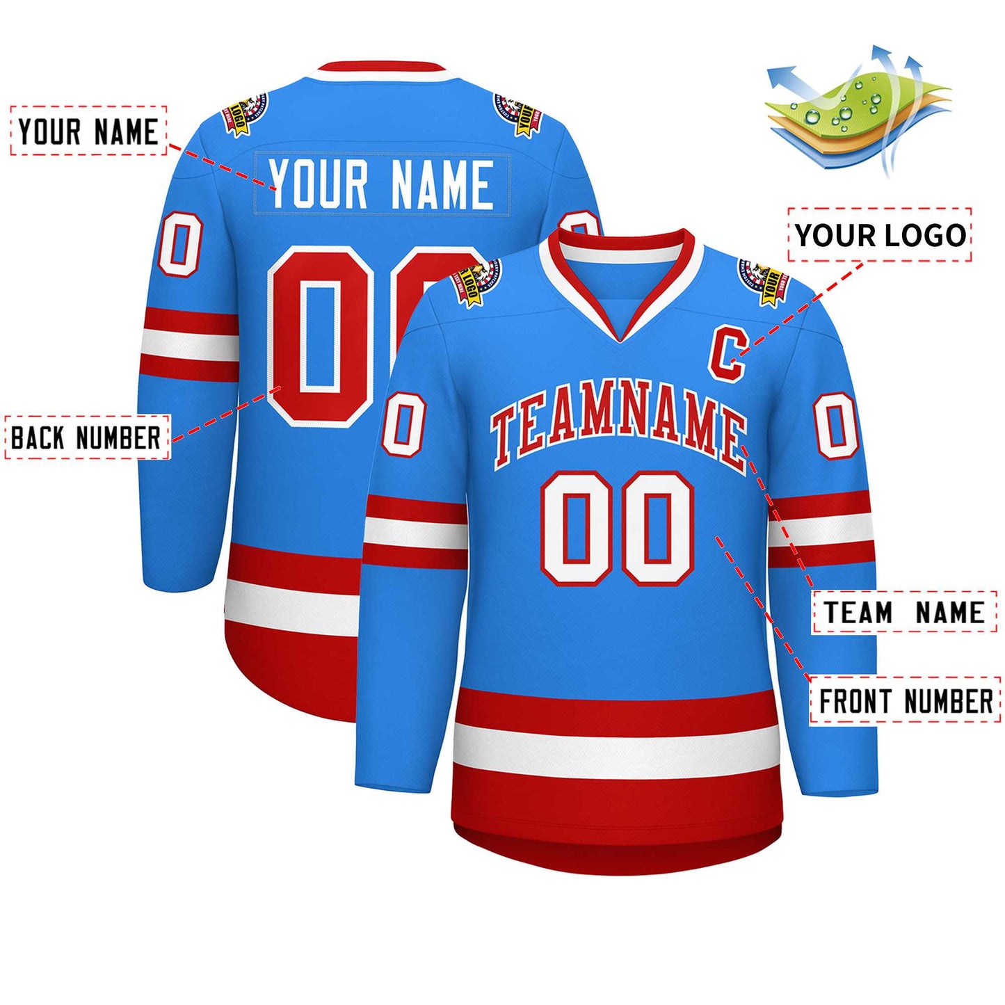 Custom Powder Blue Red-White Classic Style Hockey Jersey Limited