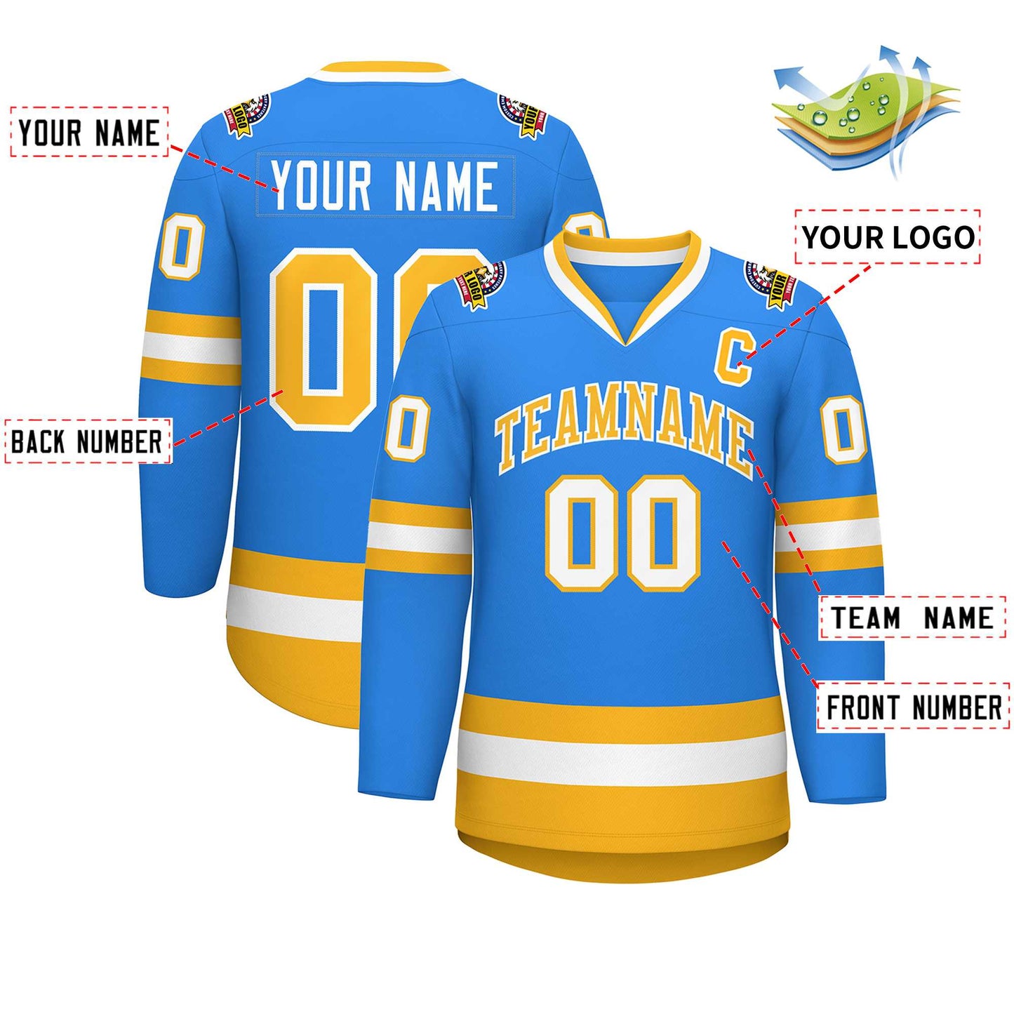 Custom Powder Blue Gold-White Classic Style Hockey Jersey Limited