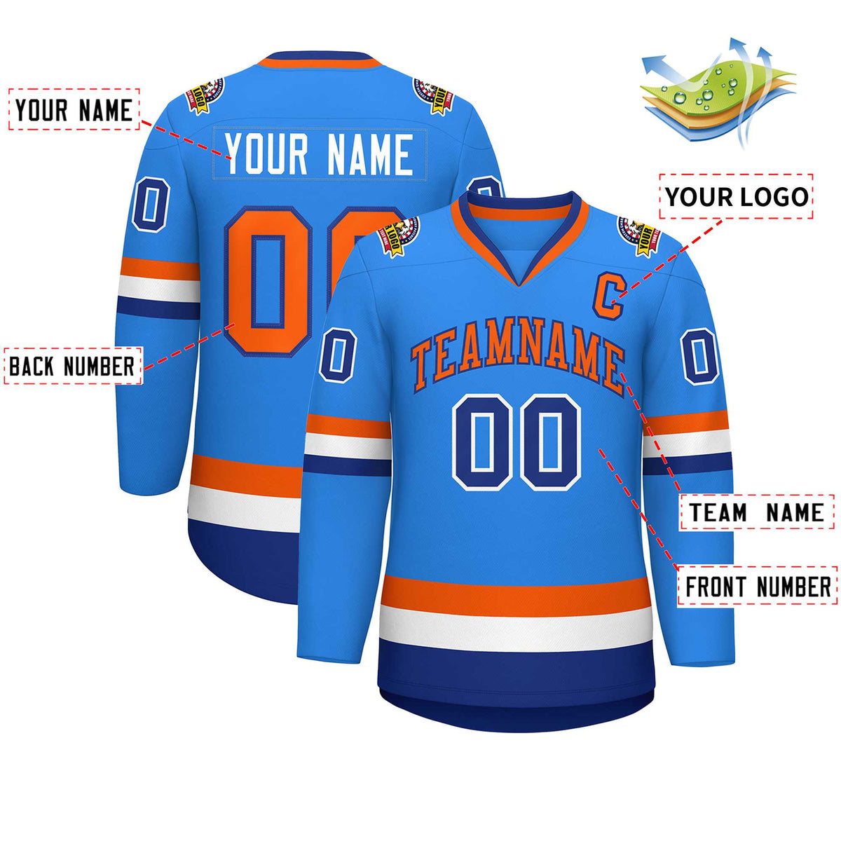 Custom Powder Blue Orange-Royal Classic Style Hockey Jersey Limited