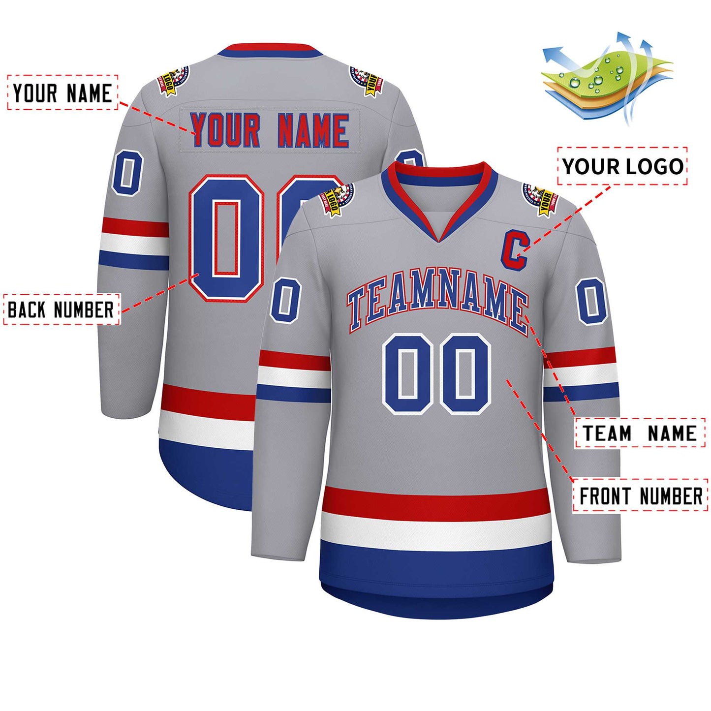 Custom Gray Royal White-Red Classic Style Hockey Jersey Limited