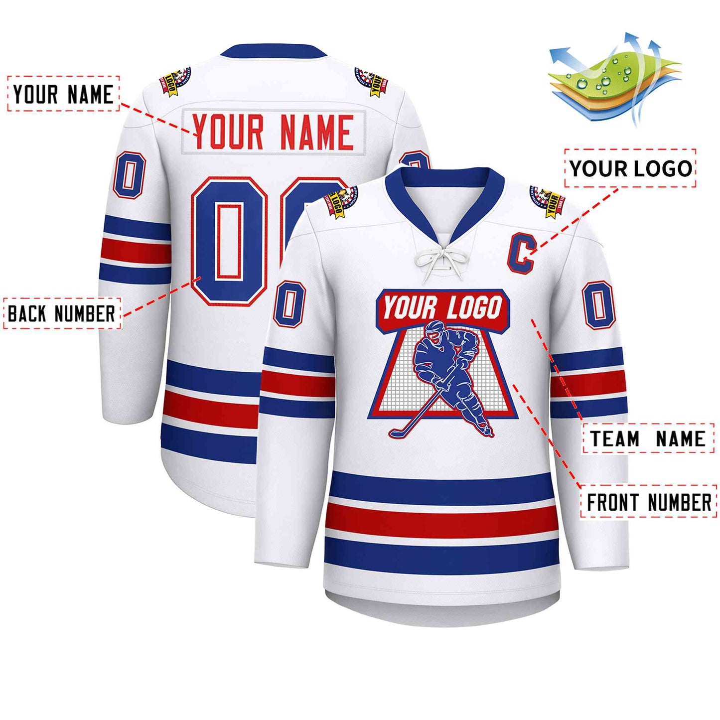 Custom White Royal-Red Lace-Up Neck Hockey Jersey Limited