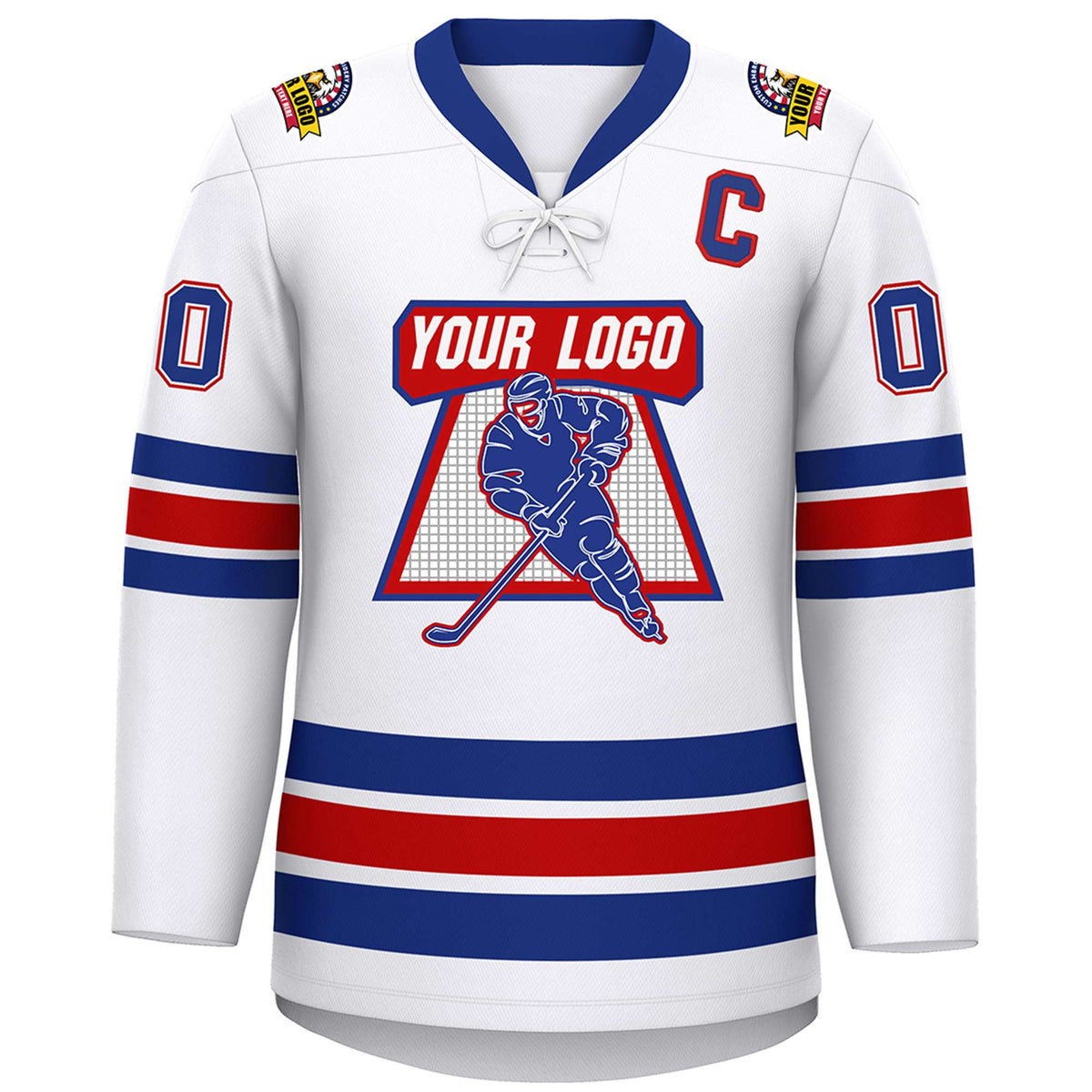Custom White Royal-Red Lace-Up Neck Hockey Jersey Limited