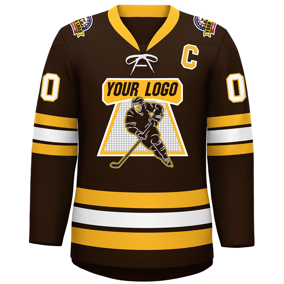 Custom Brown Yellow-White Lace-Up Neck Hockey Jersey Limited
