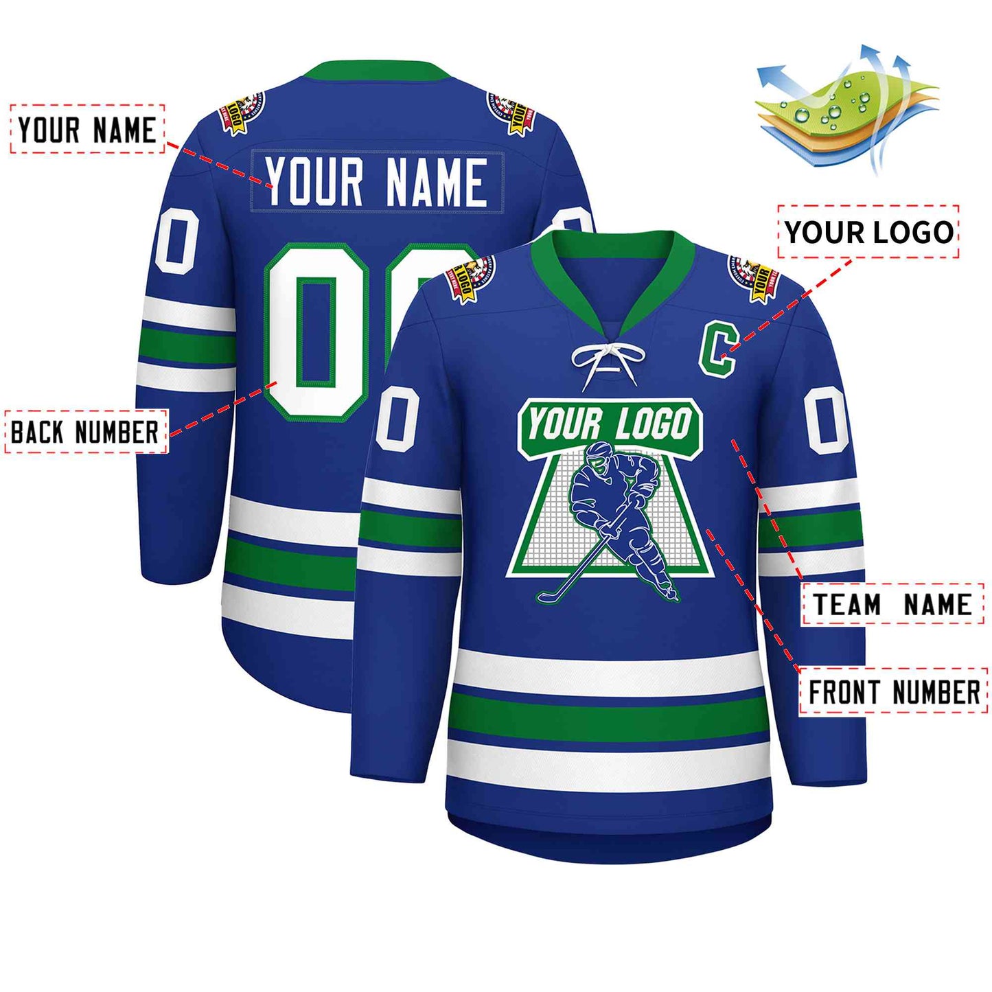 Custom Royal White-Kelly Green Lace-Up Neck Hockey Jersey Limited
