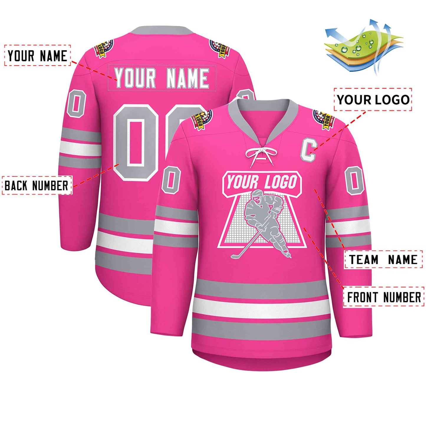 Custom Pink White-Gray Lace-Up Neck Hockey Jersey Limited