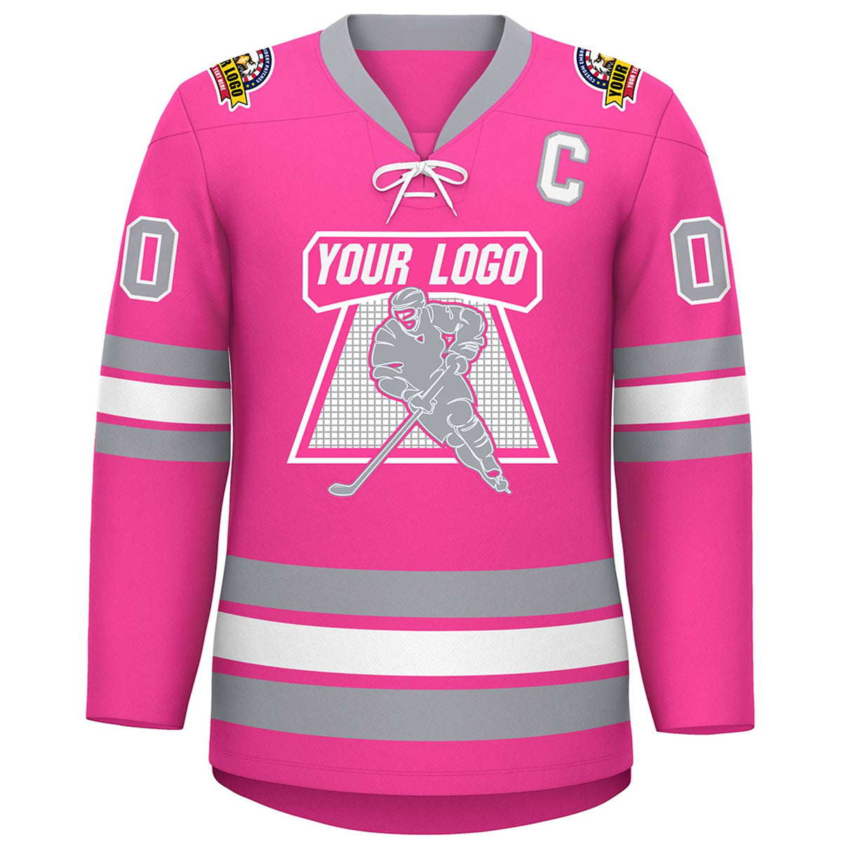 Custom Pink White-Gray Lace-Up Neck Hockey Jersey Limited
