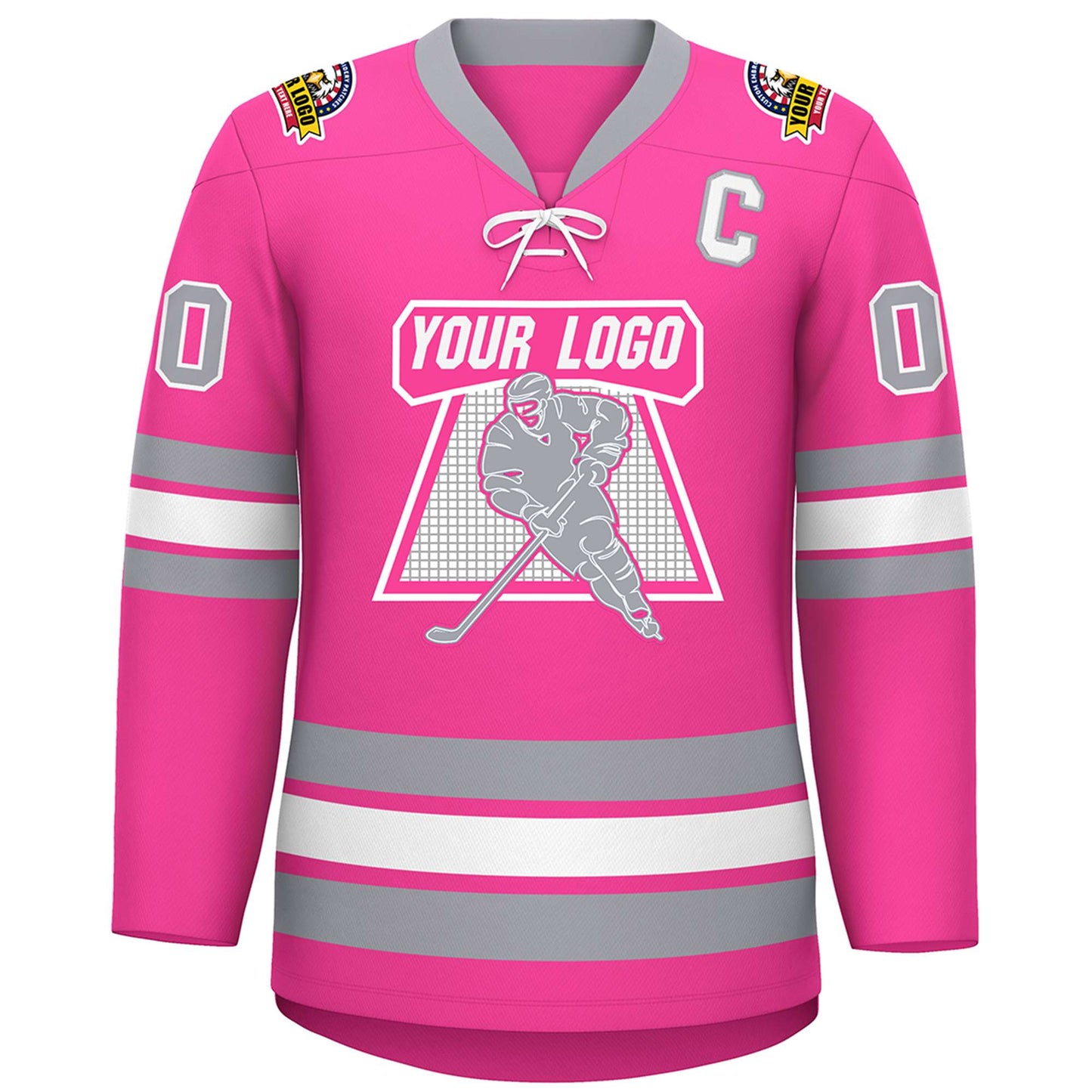 Custom Pink White-Gray Lace-Up Neck Hockey Jersey Limited