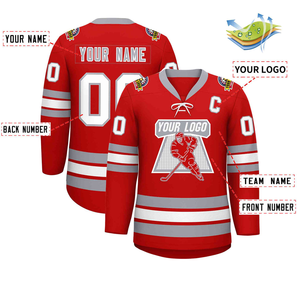 Custom Red White-Gray Lace-Up Neck Hockey Jersey Limited
