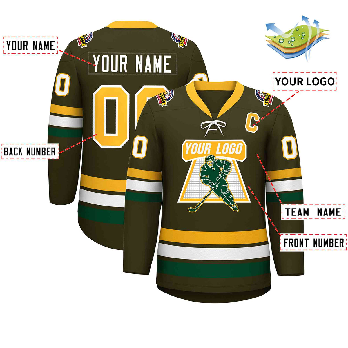 Custom Olive Yellow-White Lace-Up Neck Hockey Jersey Limited