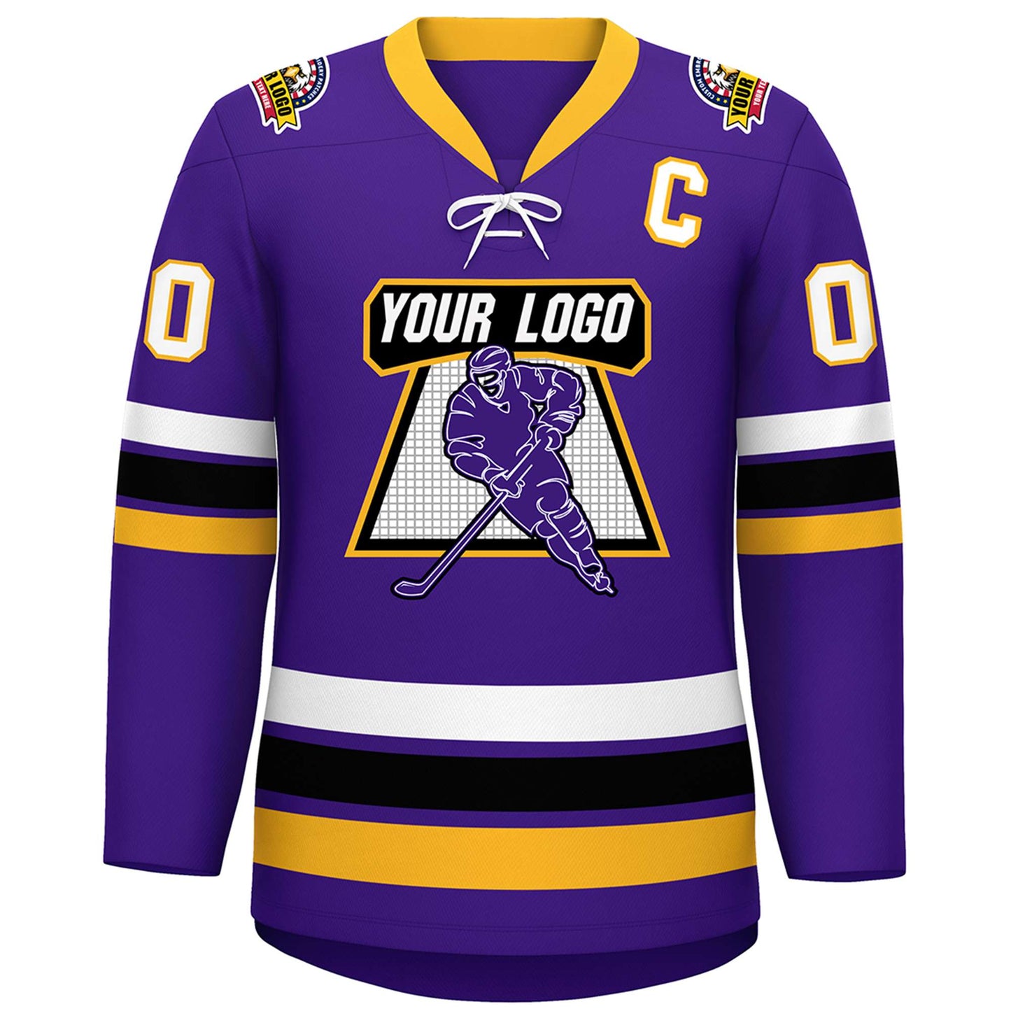 Custom Purple Yellow-White Lace-Up Neck Hockey Jersey Limited