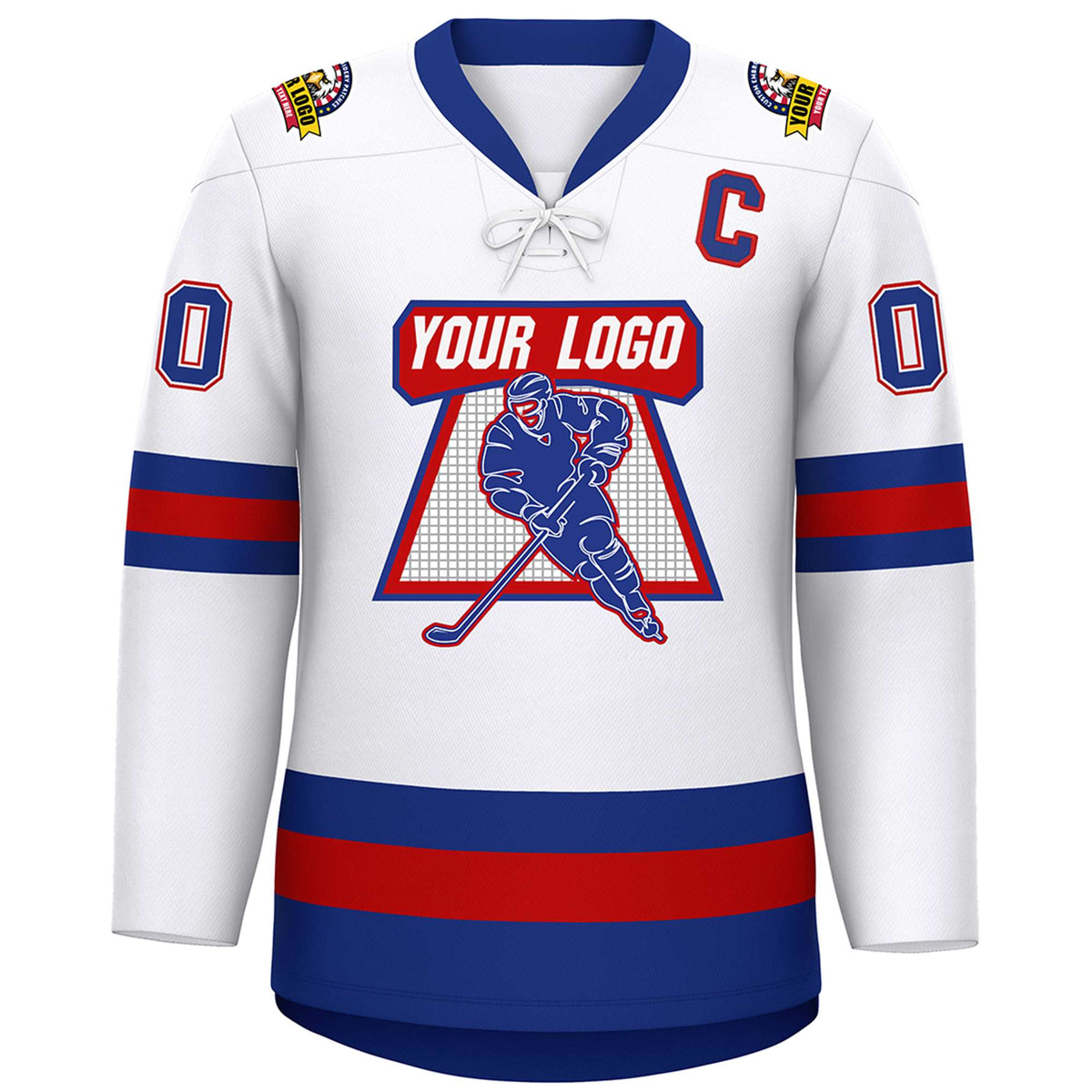Custom White Red-Royal Lace-Up Neck Hockey Jersey Limited
